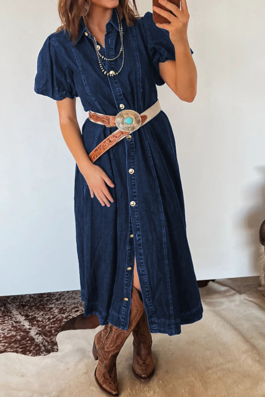 Sail Blue Full Buttons Short Bubble Sleeve Long Denim Dress