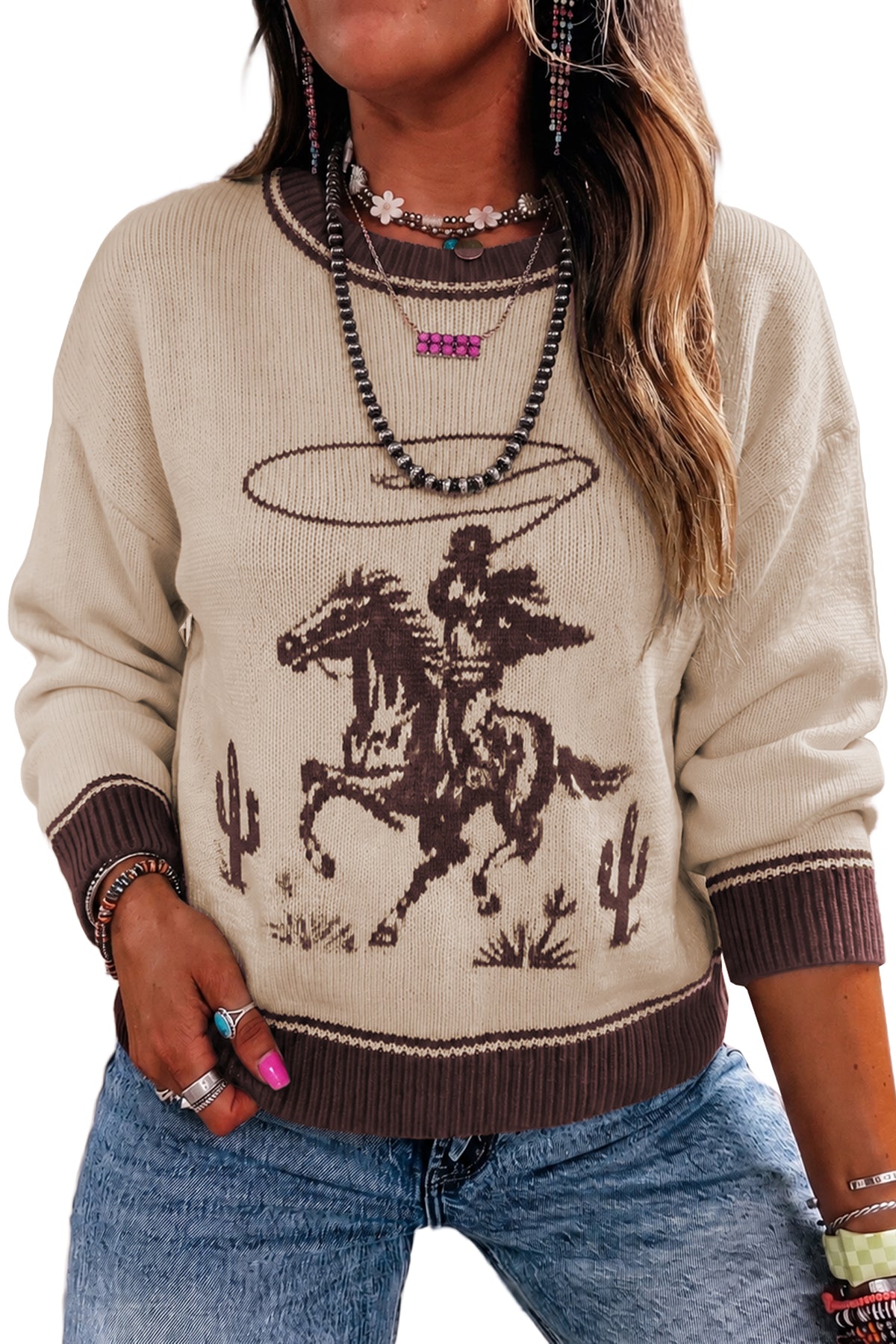 Oatmeal Western Print Ribbed Trim Crew Neck Sweater