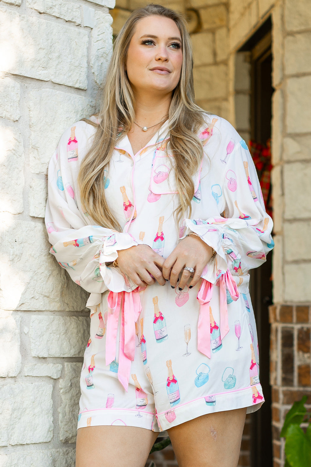 White Plus Size Wine Glass Print Bow-Knot Pajama Set