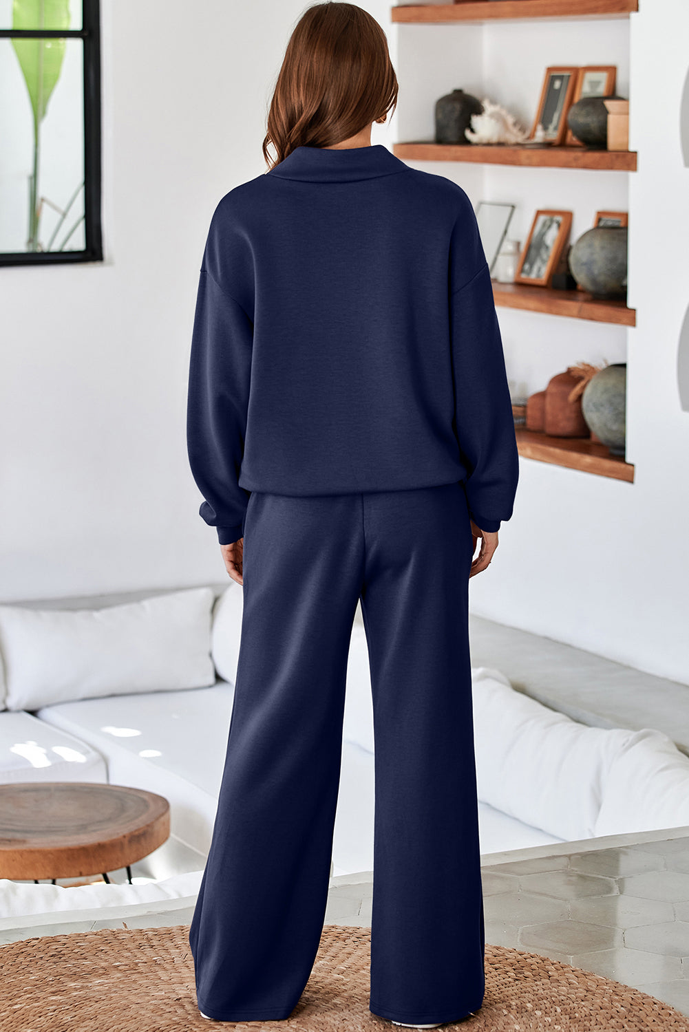 Women's Dusk Blue Cowl Neck Drawstring Pullover Wide-Leg Athleisure Pants Set