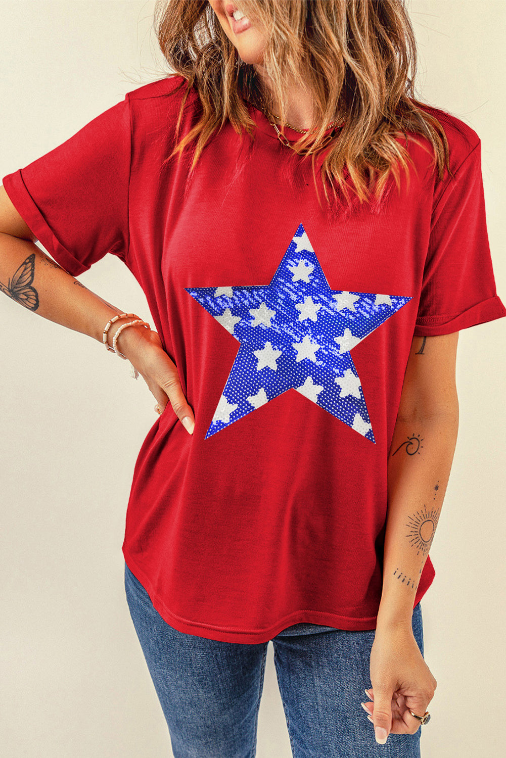 Red Sequin Star Graphic Crewneck T-Shirt
