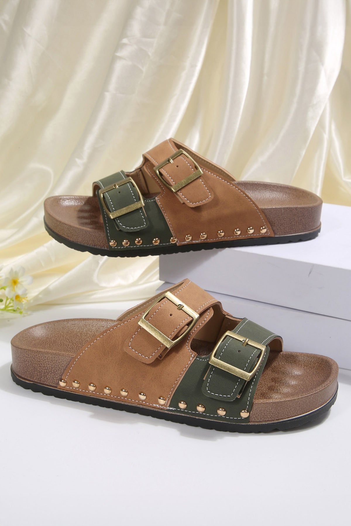 Deep Green Retro Buckle Cutout Straps PU Leather Studded Sandals