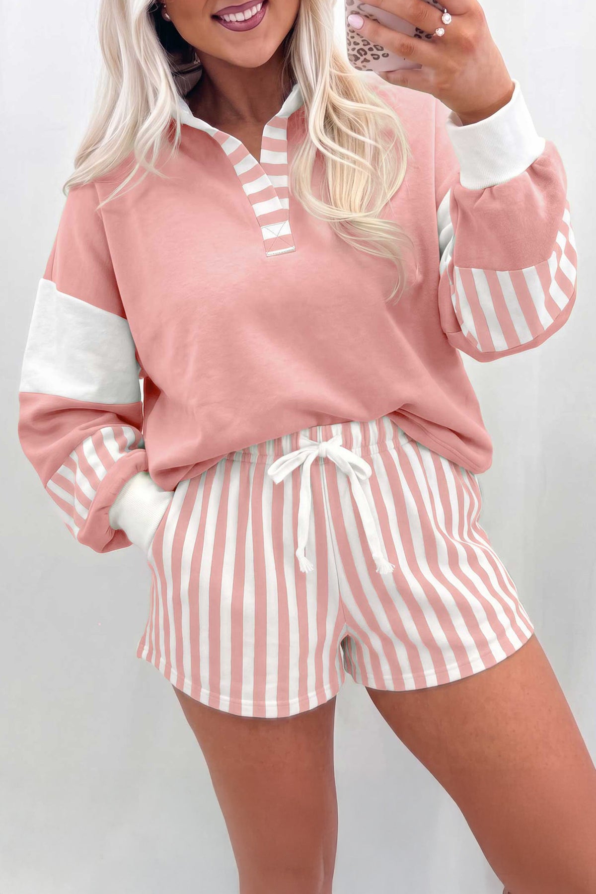 Women's Black Striped Color Block Pullover Top Drawstring Shorts Set