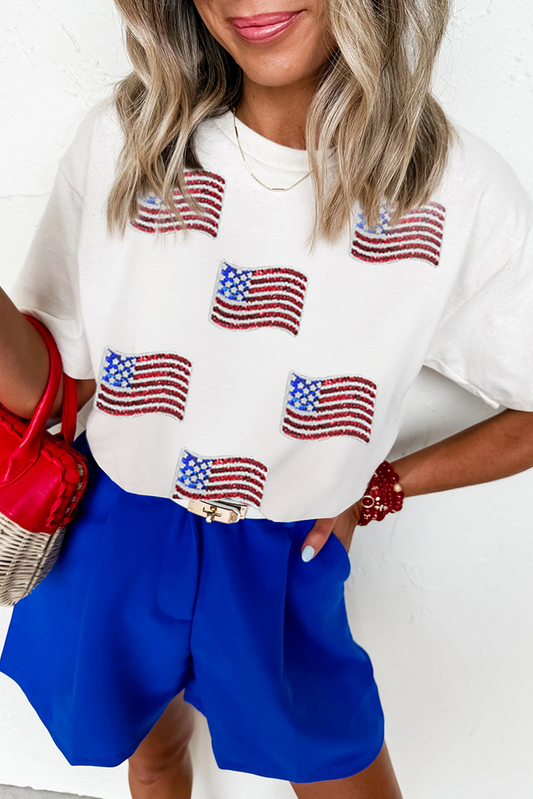White Sequin American Flag Patched Casual T-Shirt