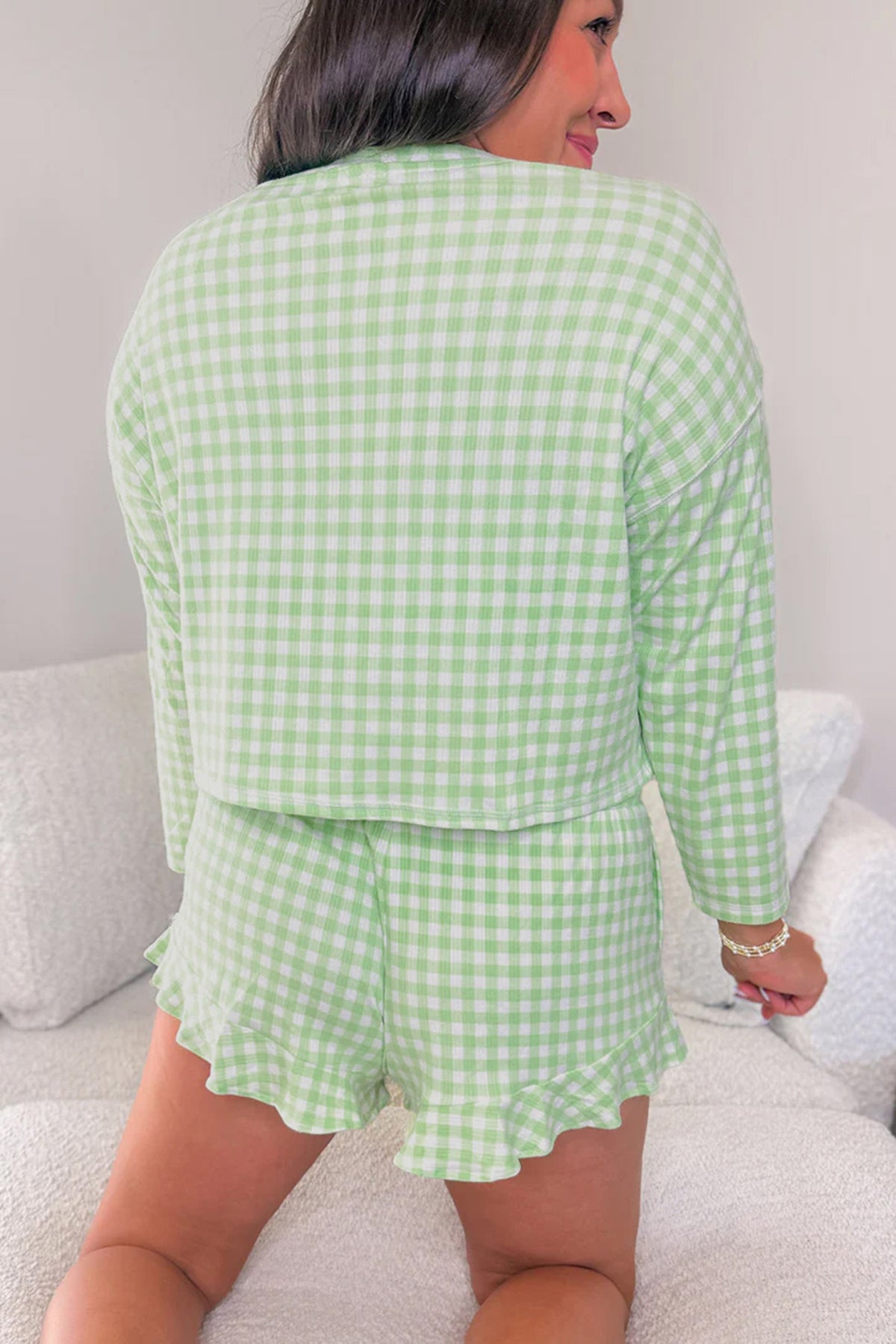 Green Gingham Long Sleeve Loose Top Drawstring Shorts Lounge Set