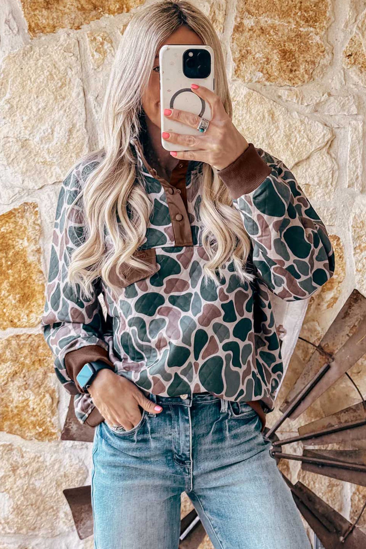 Multicolour Retro Camouflage Pattern Button Sweatshirt