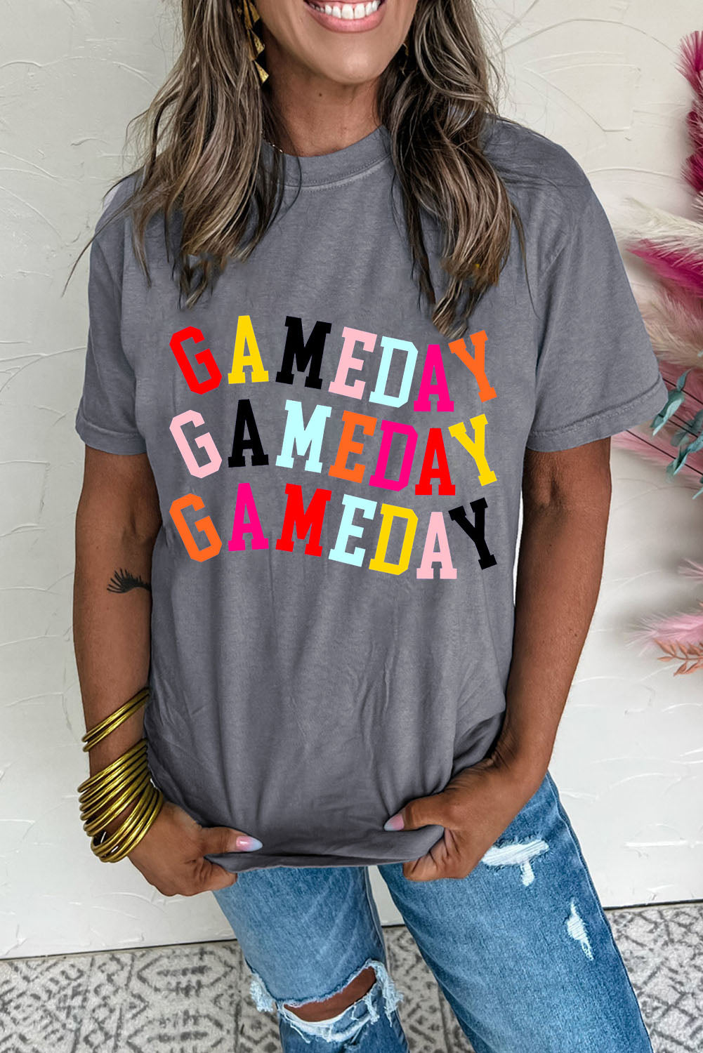 Gray Colorful GAME DAY Graphic Crew T-Shirt