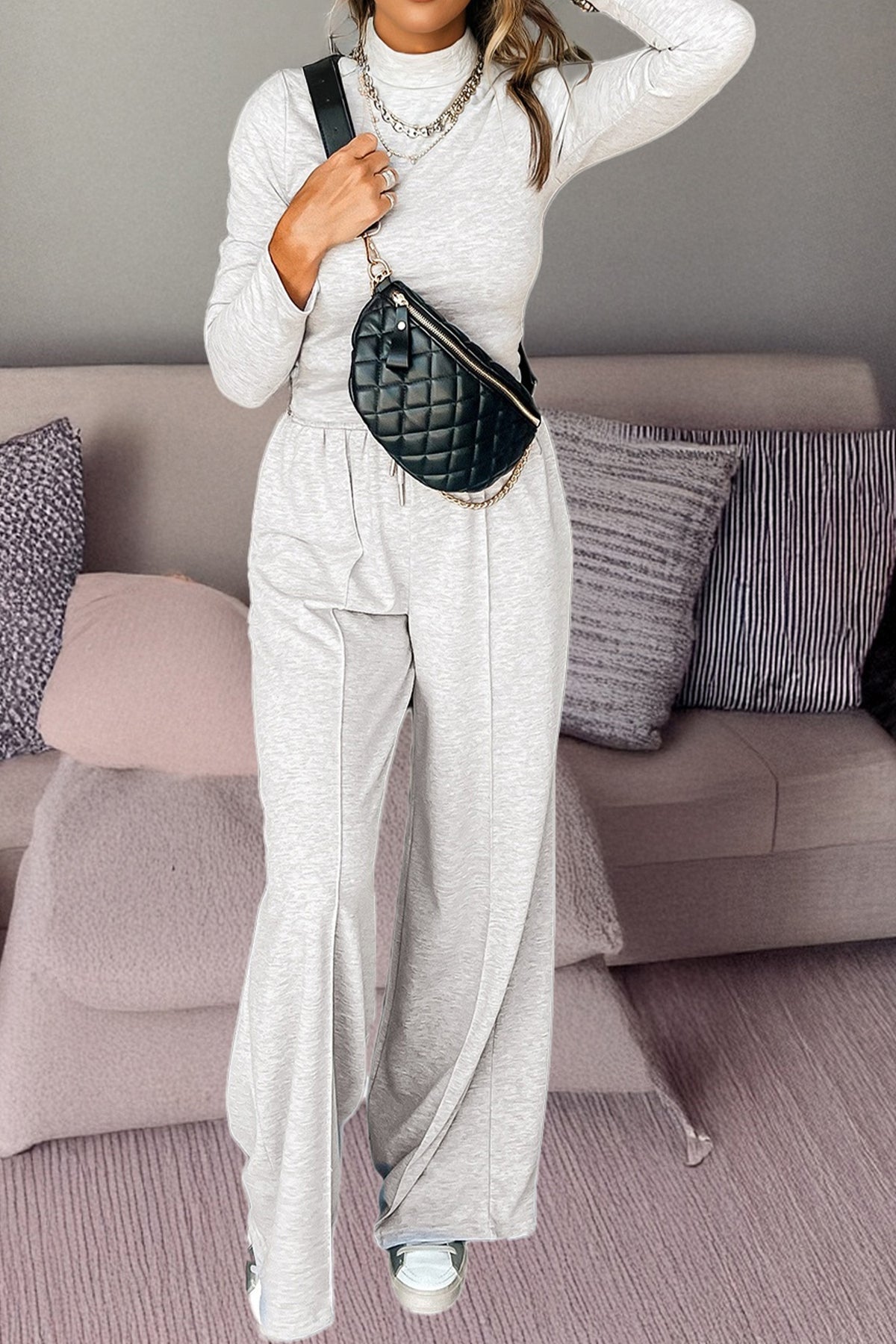 Light Grey Long Sleeve High Neck Slim Top Smocked Waist Central Seam Pants Set