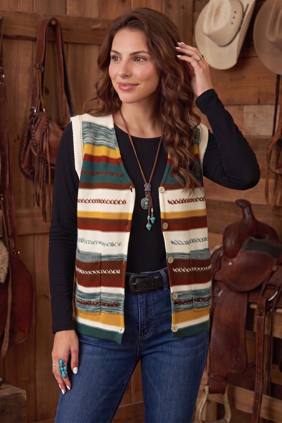 Multicolour Striped Button Front Sleeveless Knit Sweater Vest