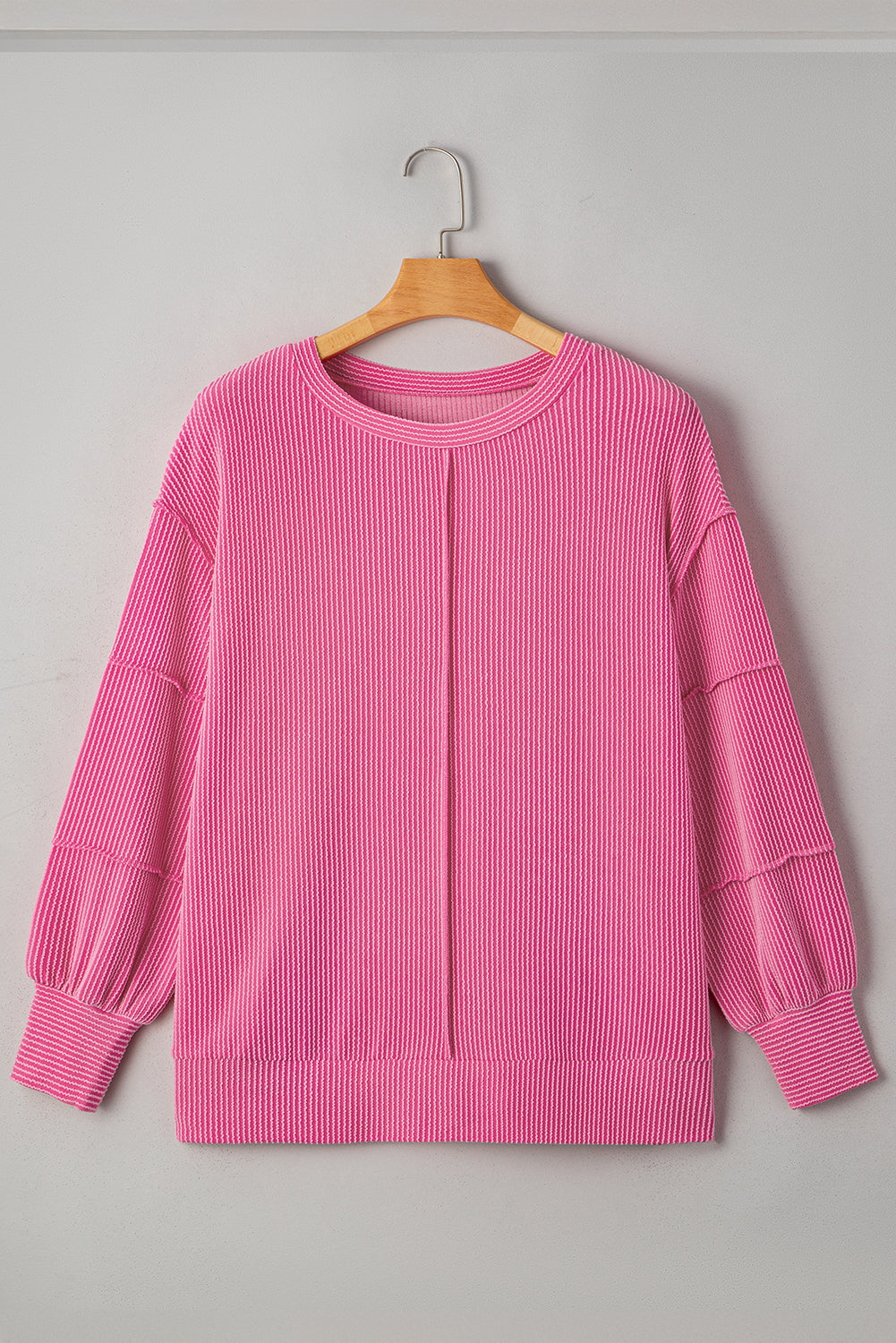 Bonbon Spiral Ribbed Exposed Seam Detail Plus Size Long-Sleeve Top