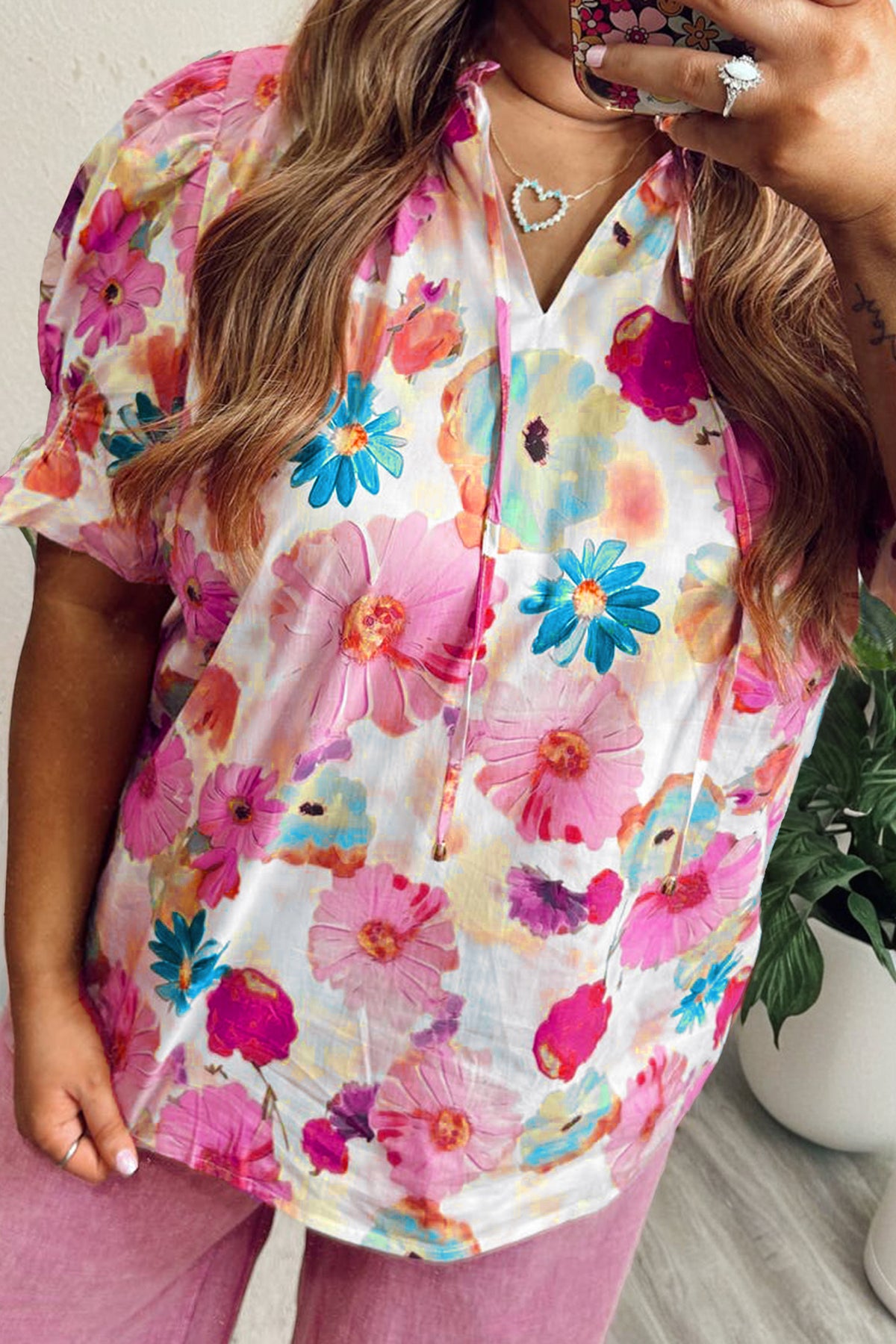 Pink Plus Size Floral Print Ruched Short-Sleeve Blouse