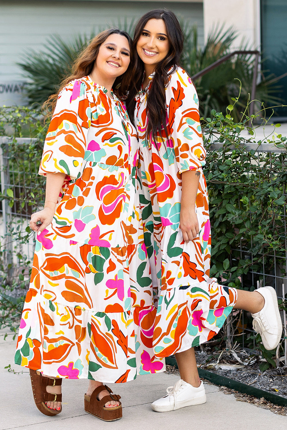 Orange Floral Print Drawstring V-Neck Tiered Plus Size Dress