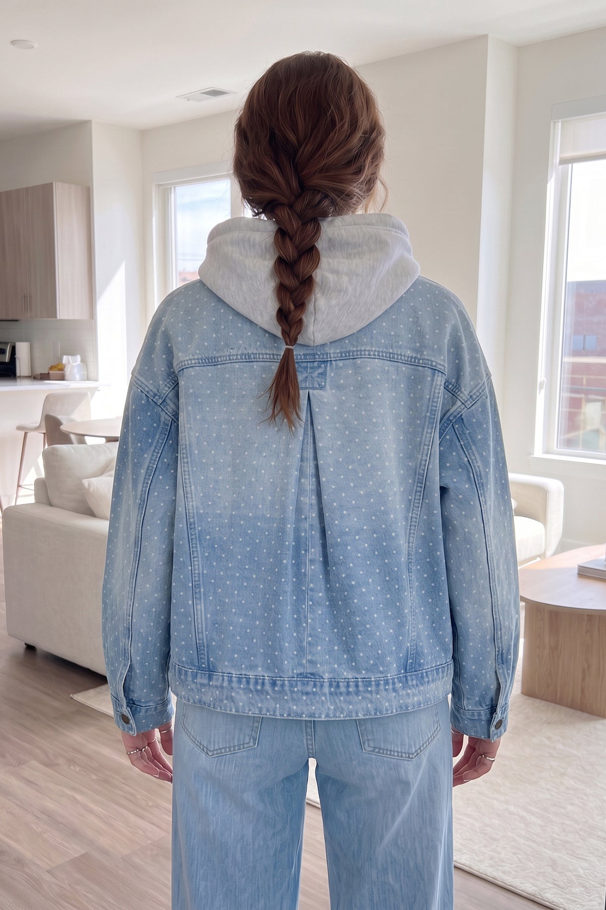 Sky Blue Polka Dot Long Sleeve Collar Pocket Denim Jacket