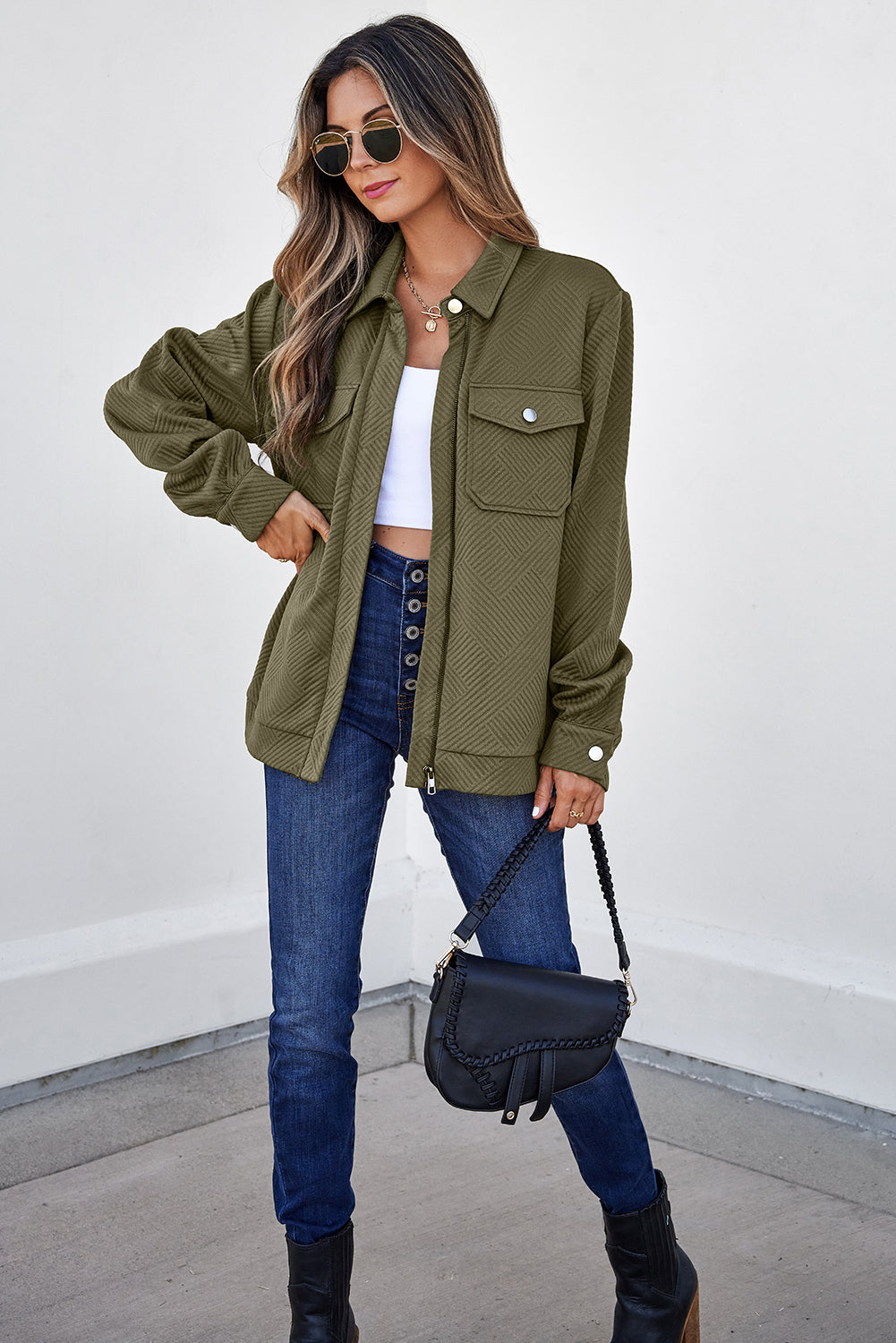 Blackish Green Zip Up Button Flap Pocket Shirt Collar Jacket