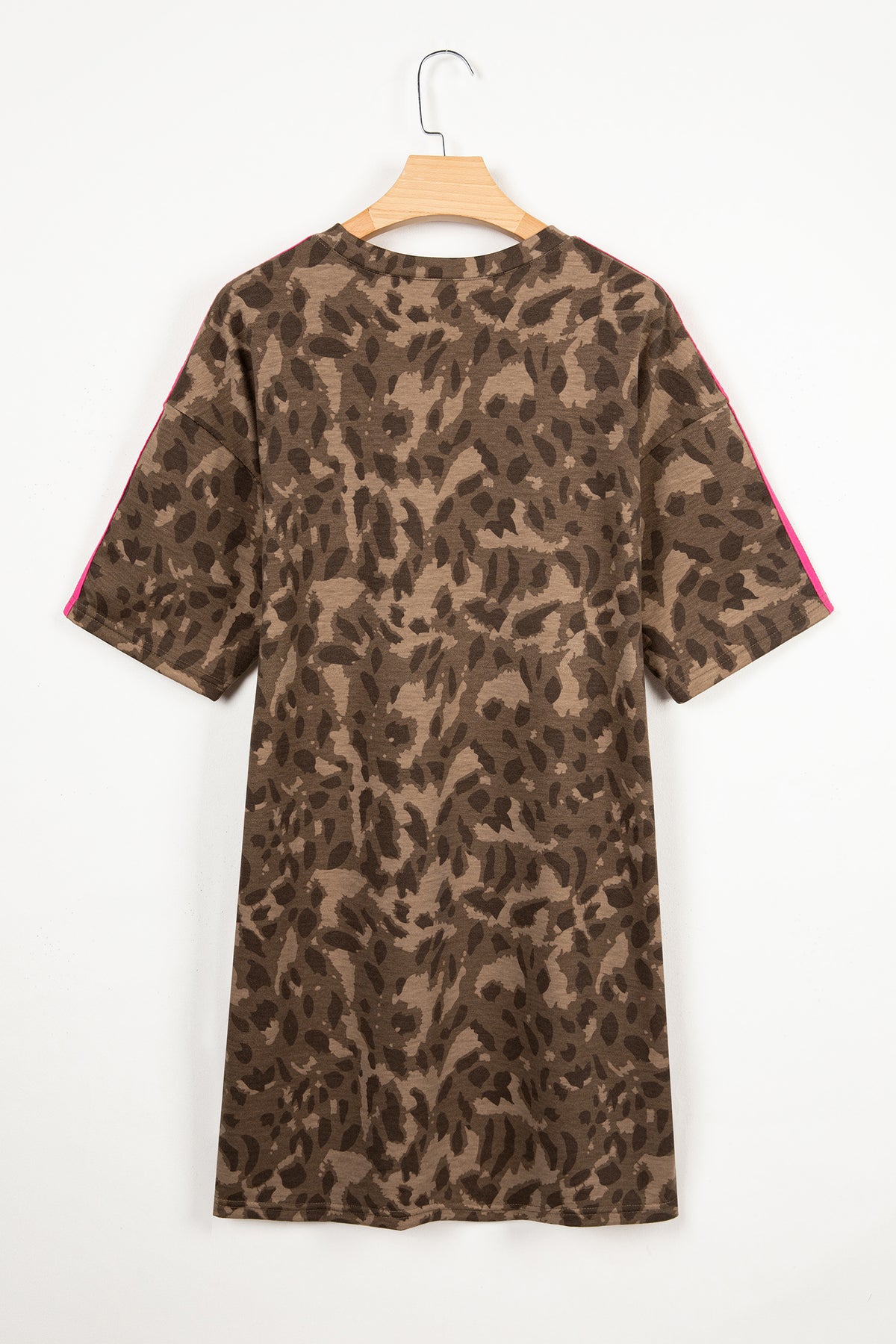 Brown Contrast Striped Accent Leopard T-Shirt Mini Dress with Pockets