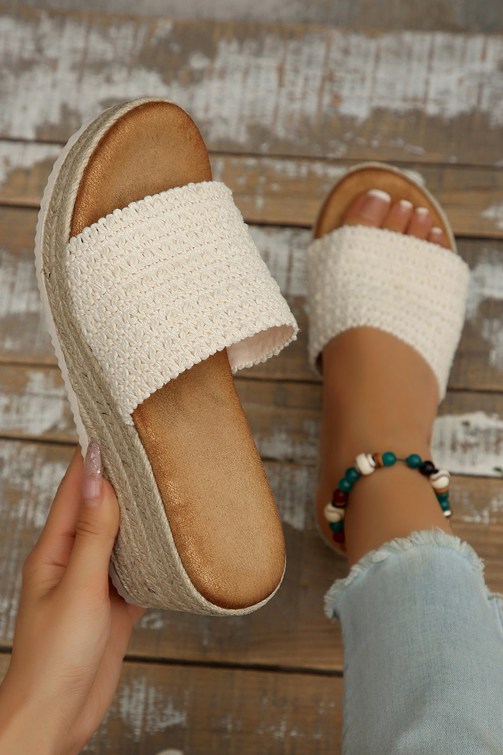 White Woven Wide Band Platform Sandals