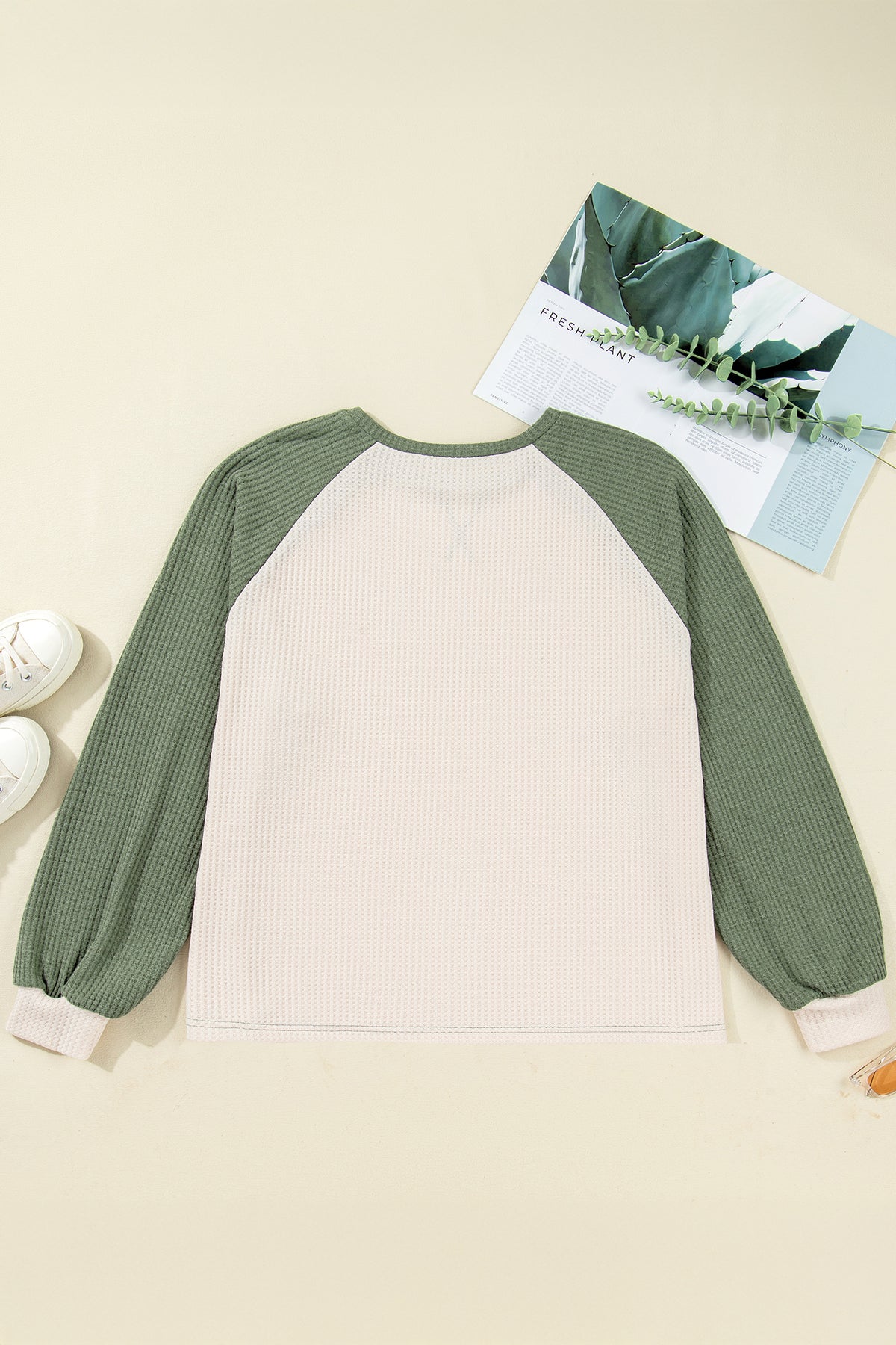 Mist Green Plus Size Waffled Color-Block Long-Sleeve Top