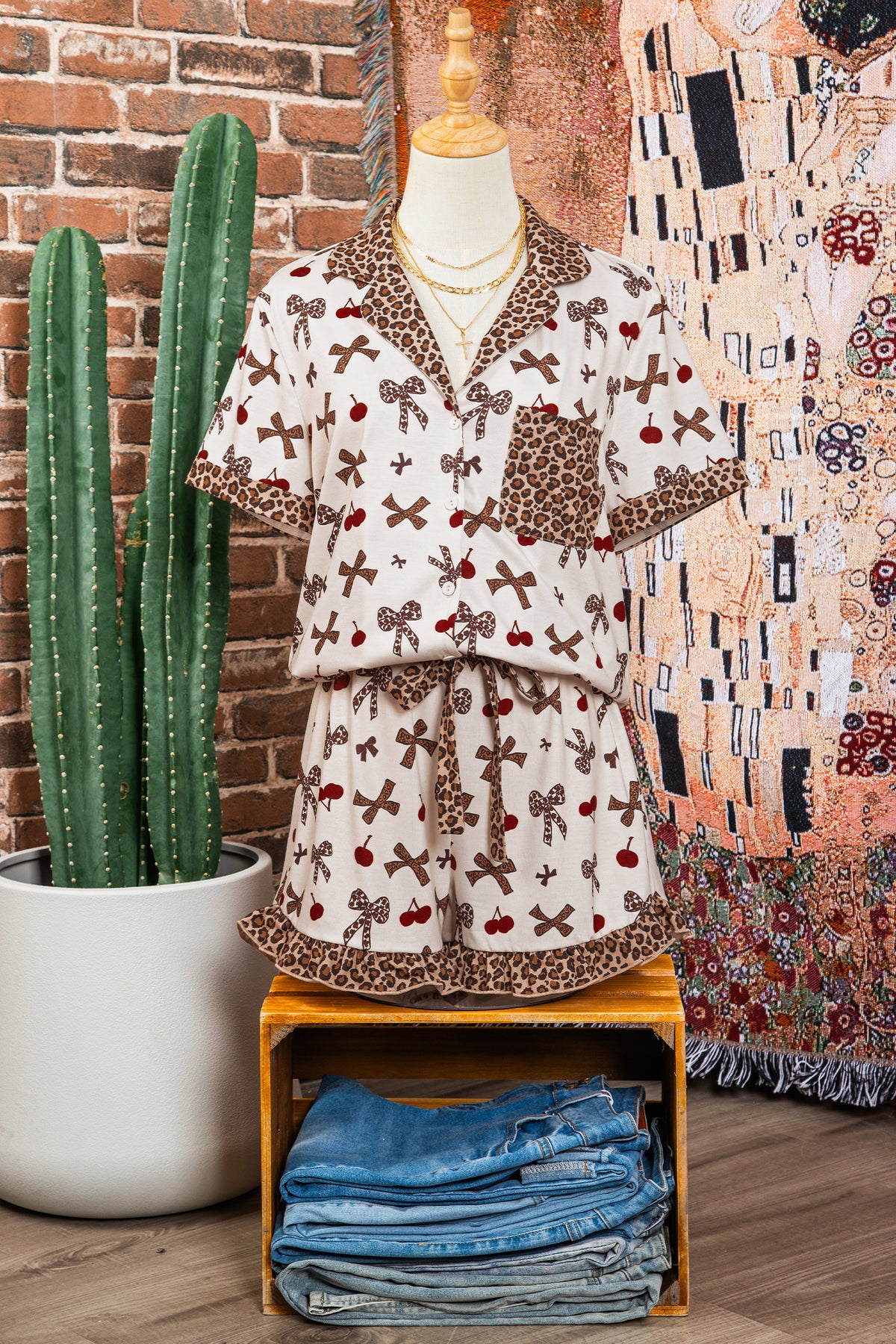 White Bow Cherry Leopard Patchwork Shirt and Shorts Pajama Set