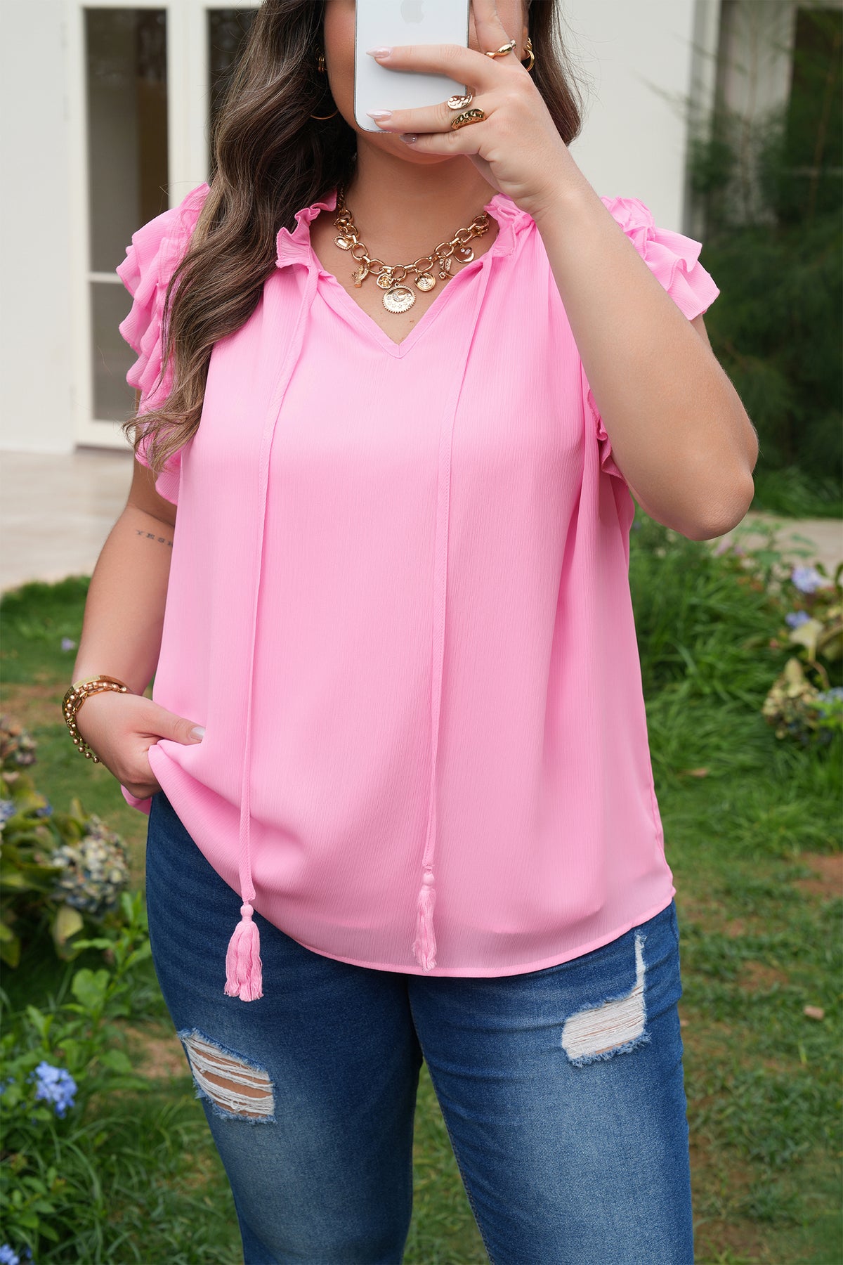 Bonbon Plus Size Textured Tassel Tie V-Neck Ruffle Short-Sleeve Blouse