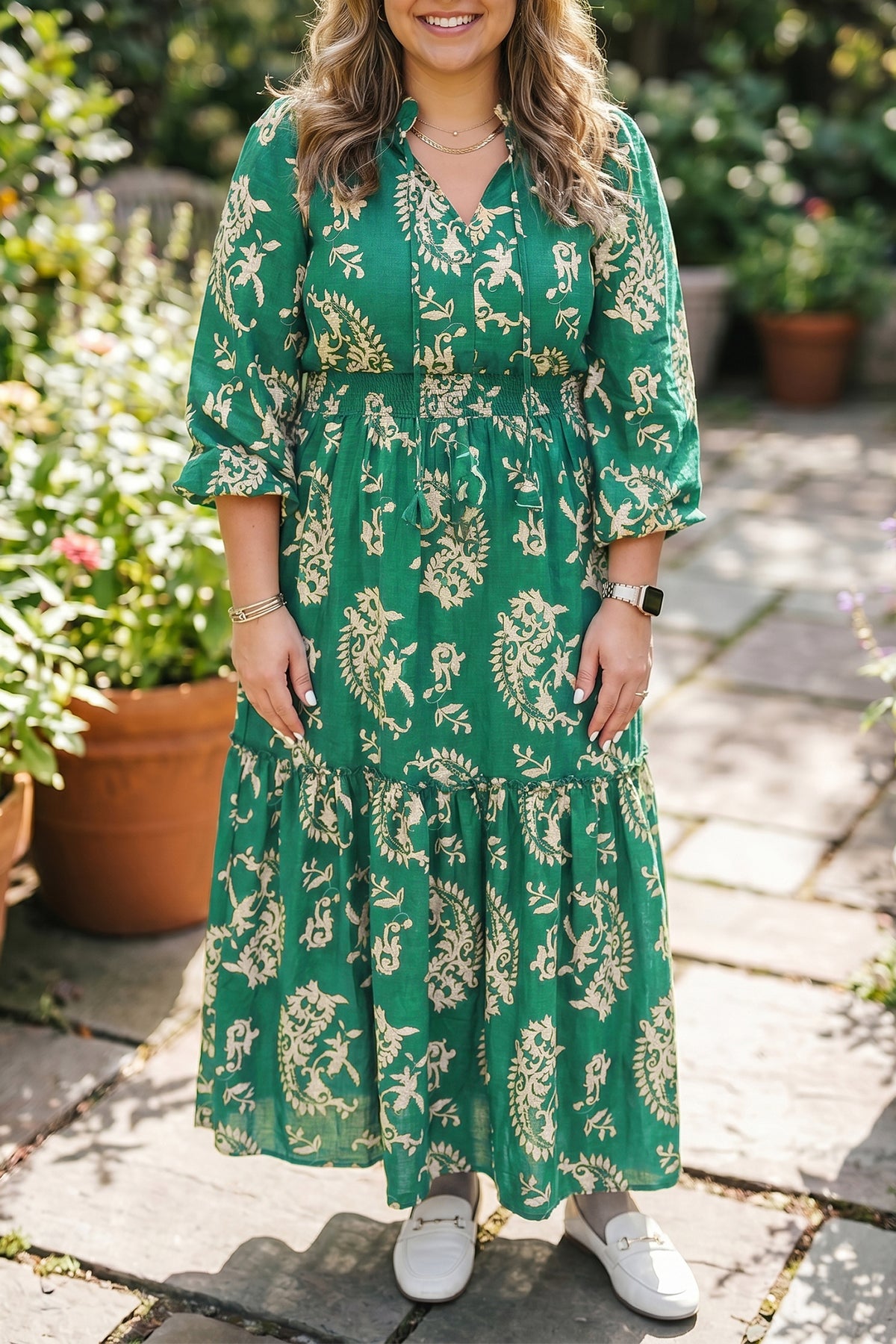 Green Floral Print V-Neck Shift Dress Plus Size Dress