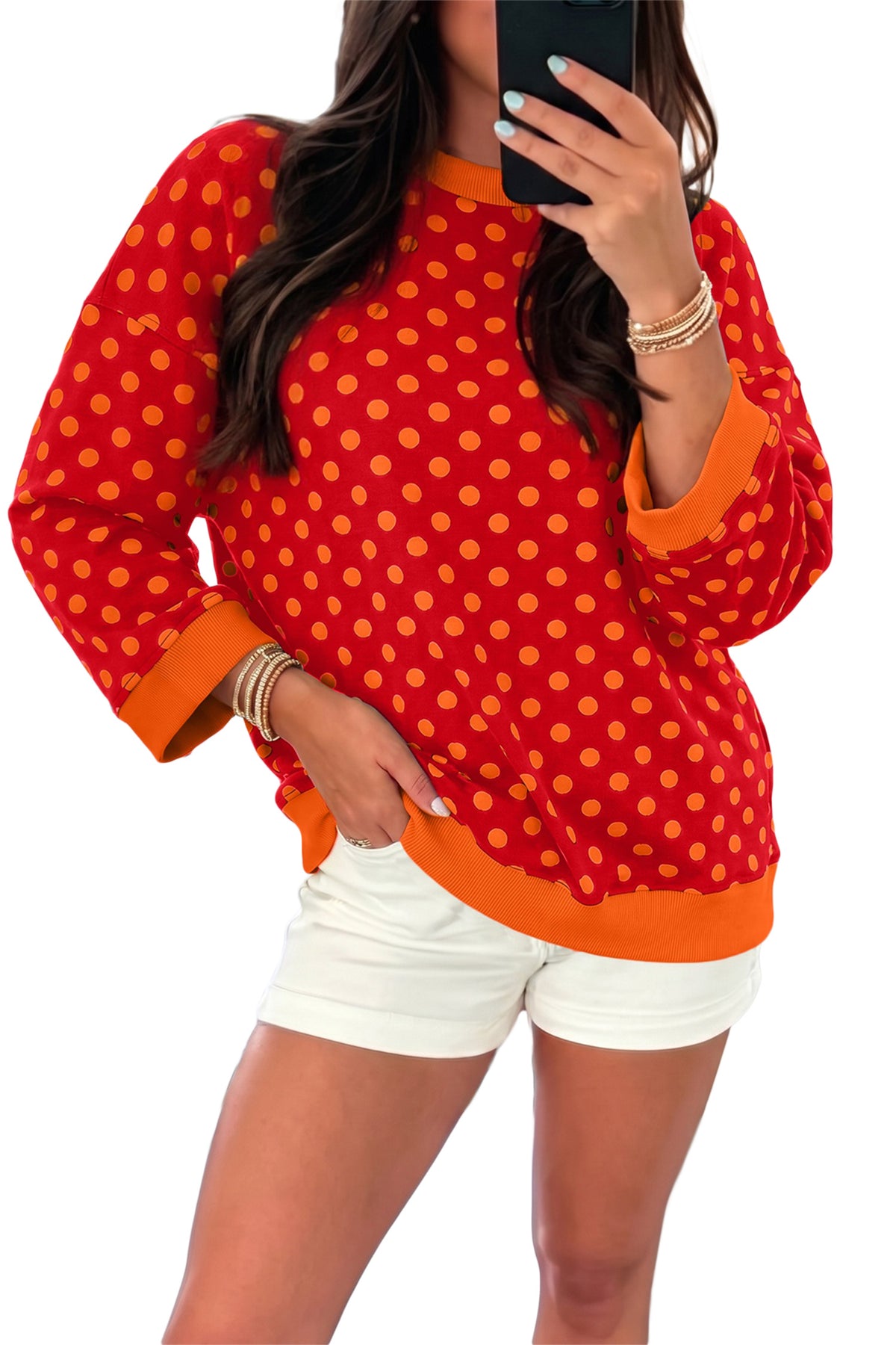 Green Polka Dot Print Round Neck Bracelet Sleeve Top