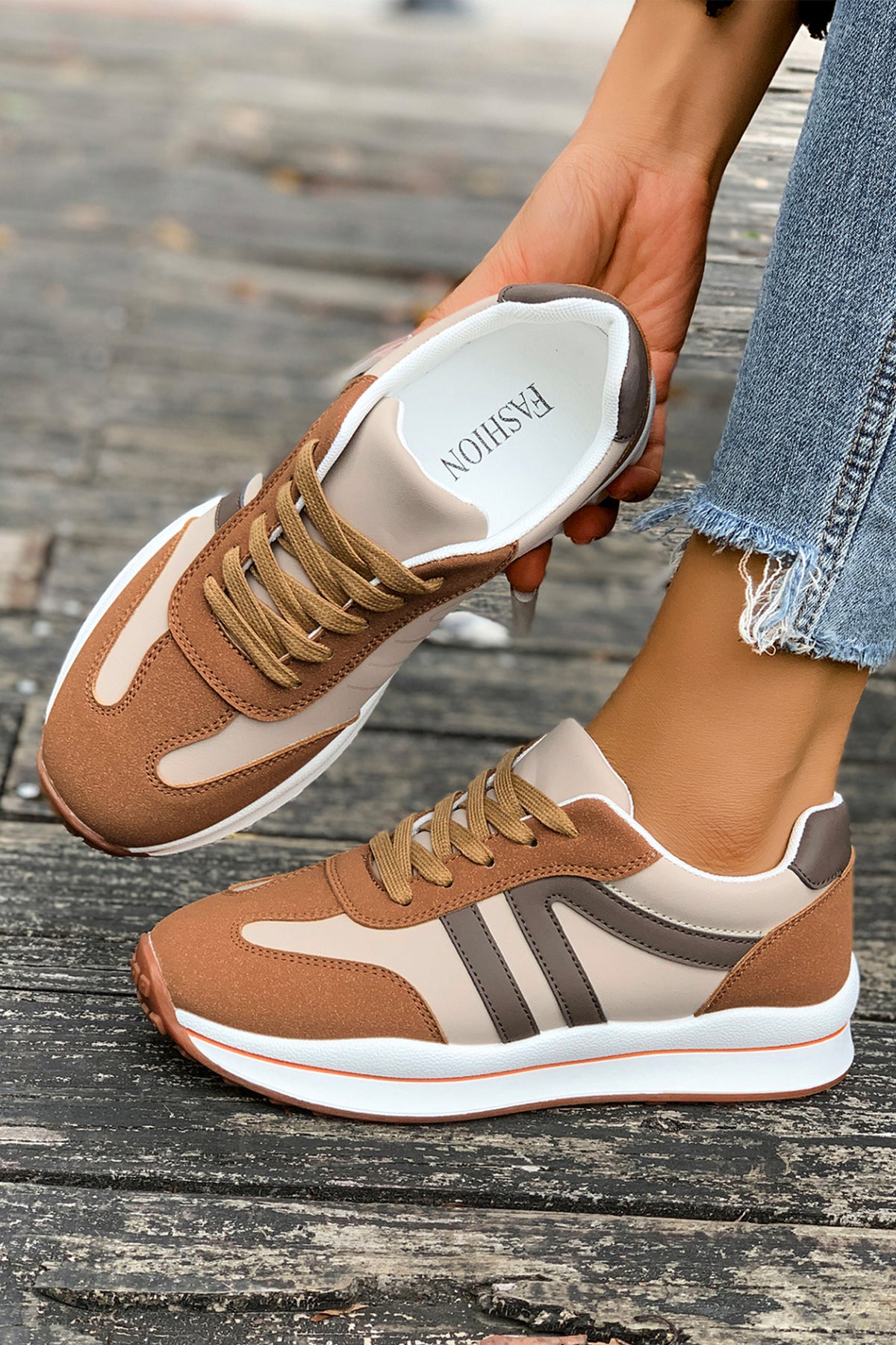 Brown Varsity Color Block Patchwork Lace-up PU Leather Sneakers
