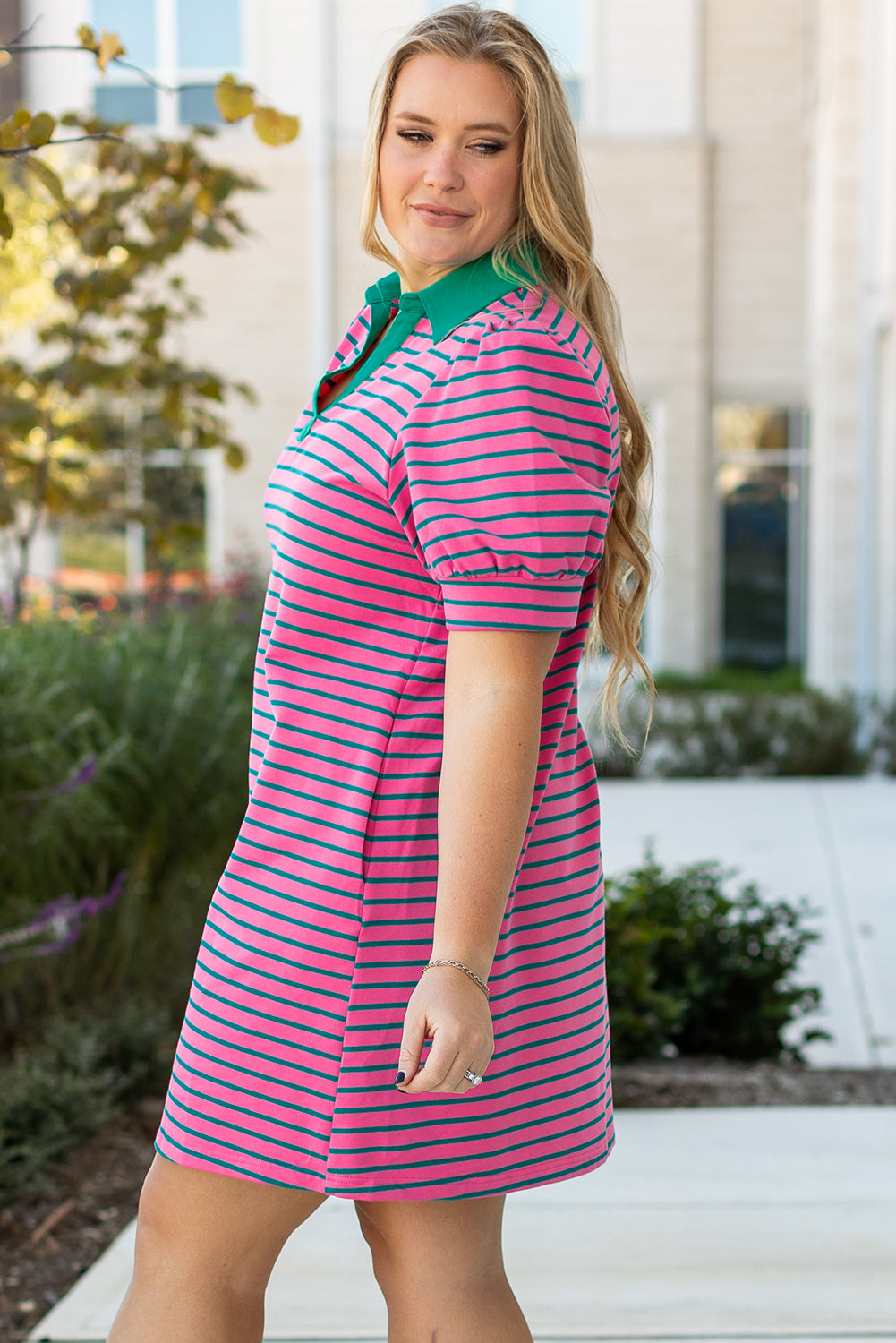Rose Stripe Collared V-Neck Puff Sleeve Shift T-Shirt Dress with Pockets