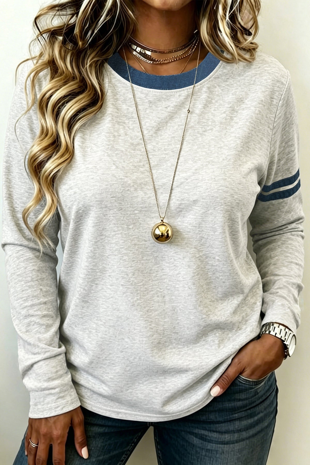Gray Plus Size Color-Block Detail Round-Neck Long-Sleeve Top