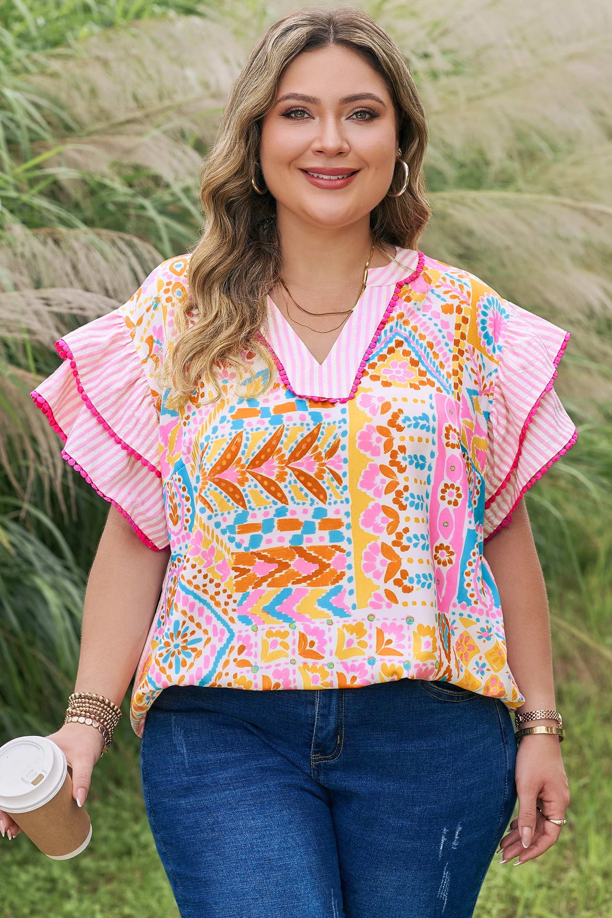 Rose Plus Size Geometric Print Contrast Trim Striped V-Neck Blouse