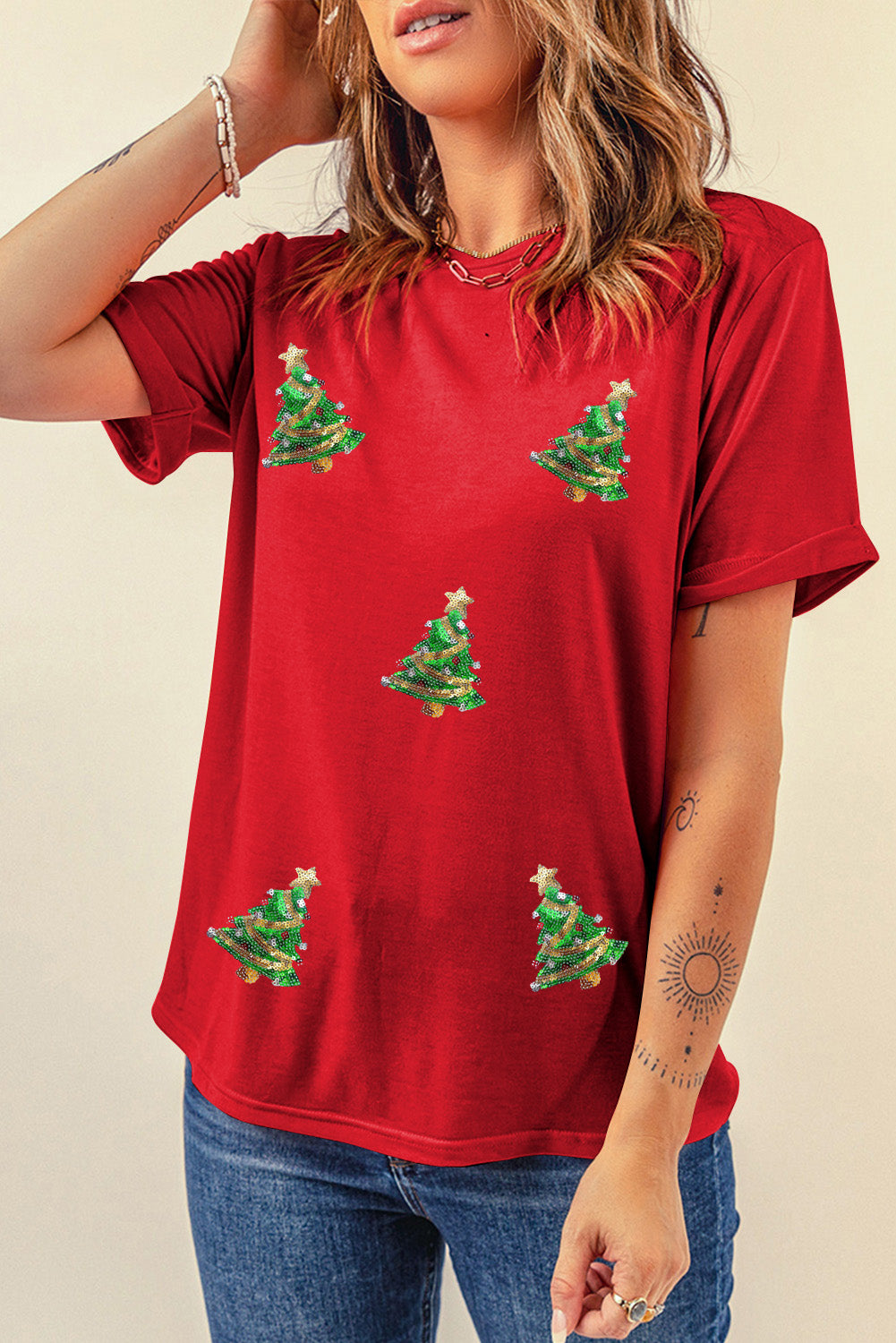 Red Sequined Christmas Tree Graphic Crewneck T-Shirt