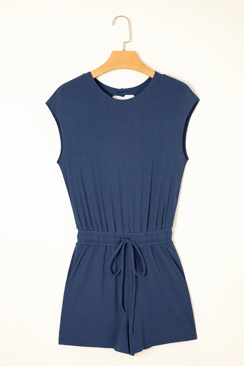 Ashleigh Blue Knit Open Back Cap Sleeve Drawstring Elastic Romper