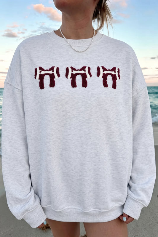 Gray Chenille Embroidered Rugby Bow Game Day Sweatshirt
