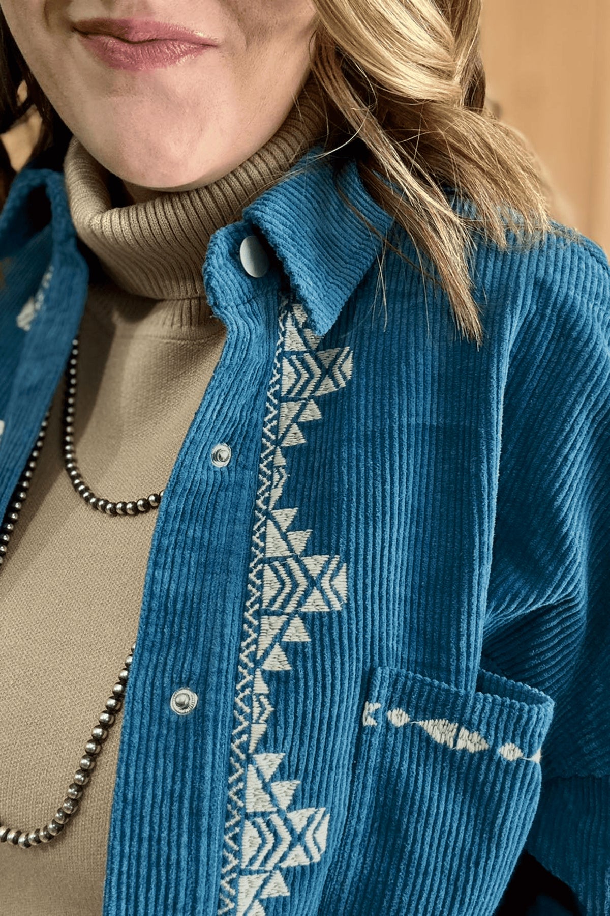 Blue Embroidered Corduroy V-Neck Plus Size Shirt