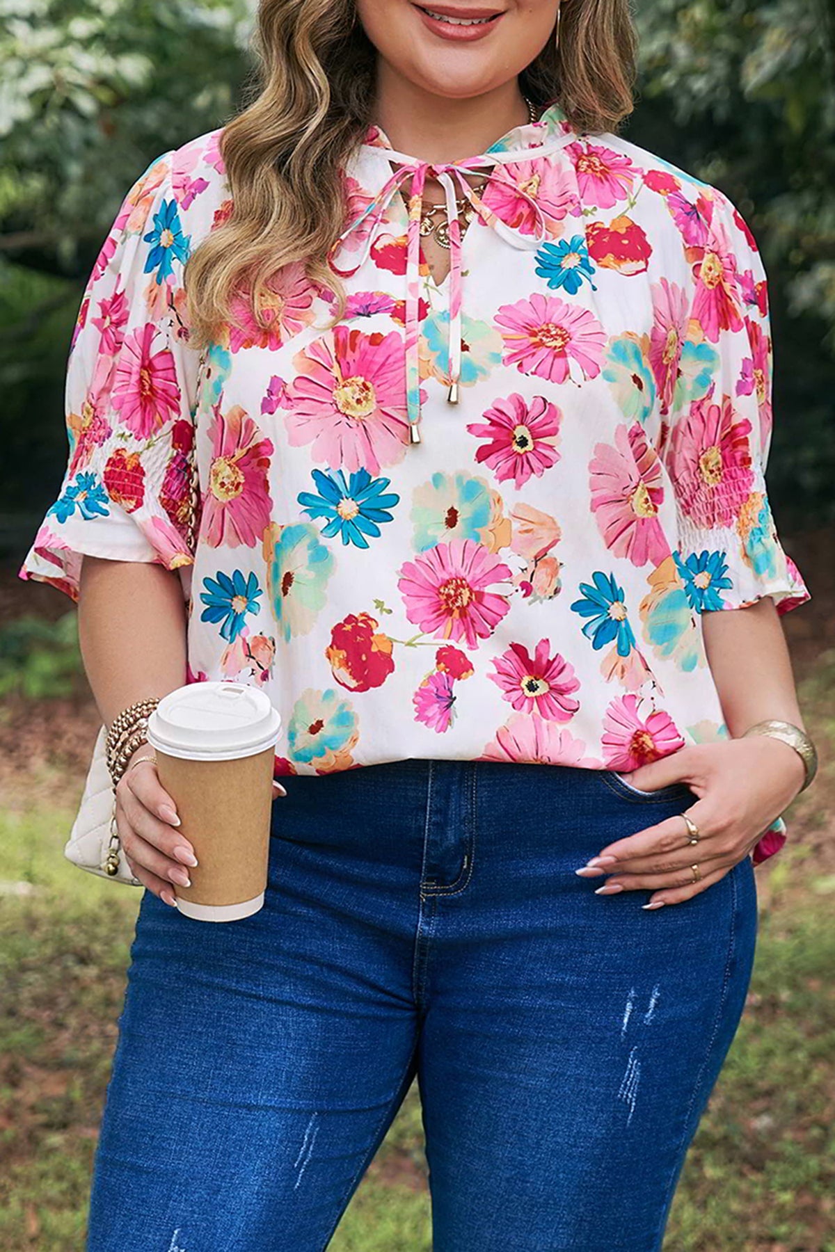 Pink Plus Size Floral Print Ruched Short-Sleeve Blouse