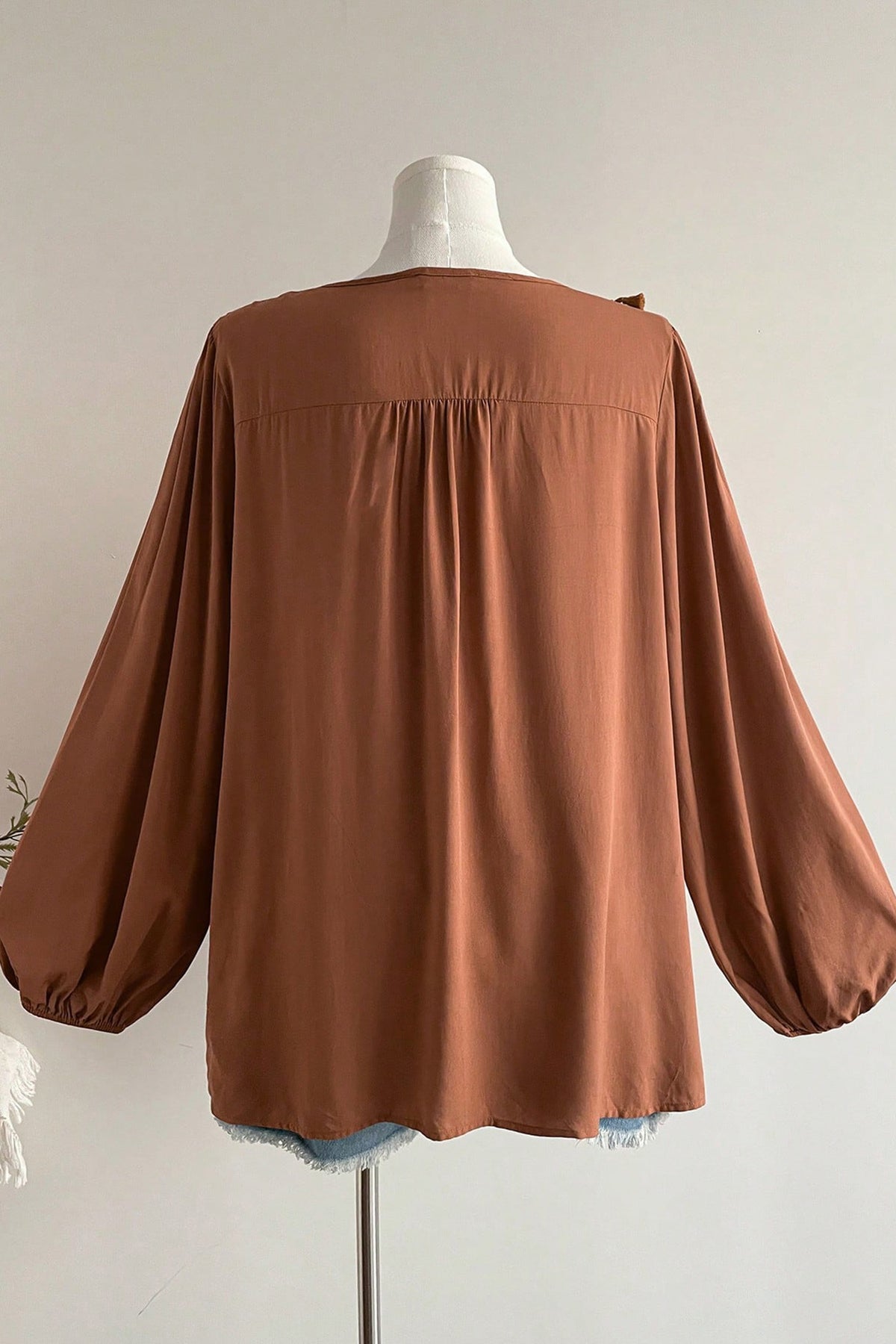 Chestnut Boho V-Neck Embroidered Tassel Long-Sleeve Plus Size Blouse