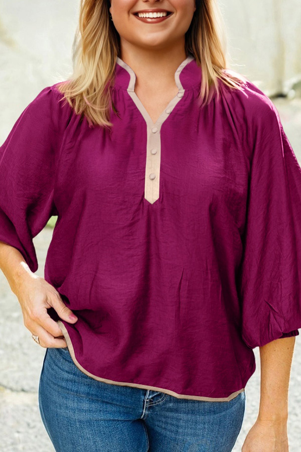Wild Ginger Plus Size Contrast Trim Button V-Neck Puffy Bracelet Sleeve Blouse