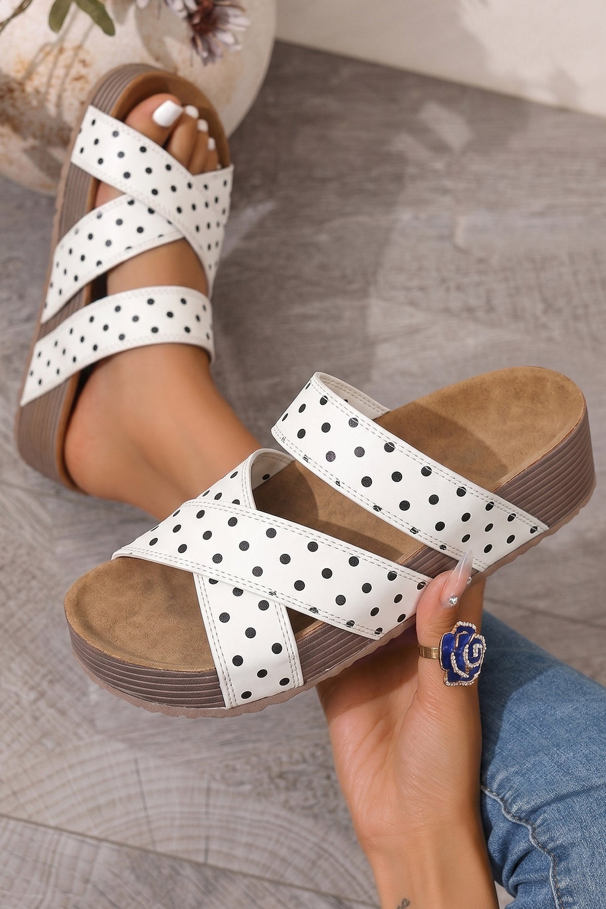 White Polka Dot Crossed Band Soft Suede Platform Sandals