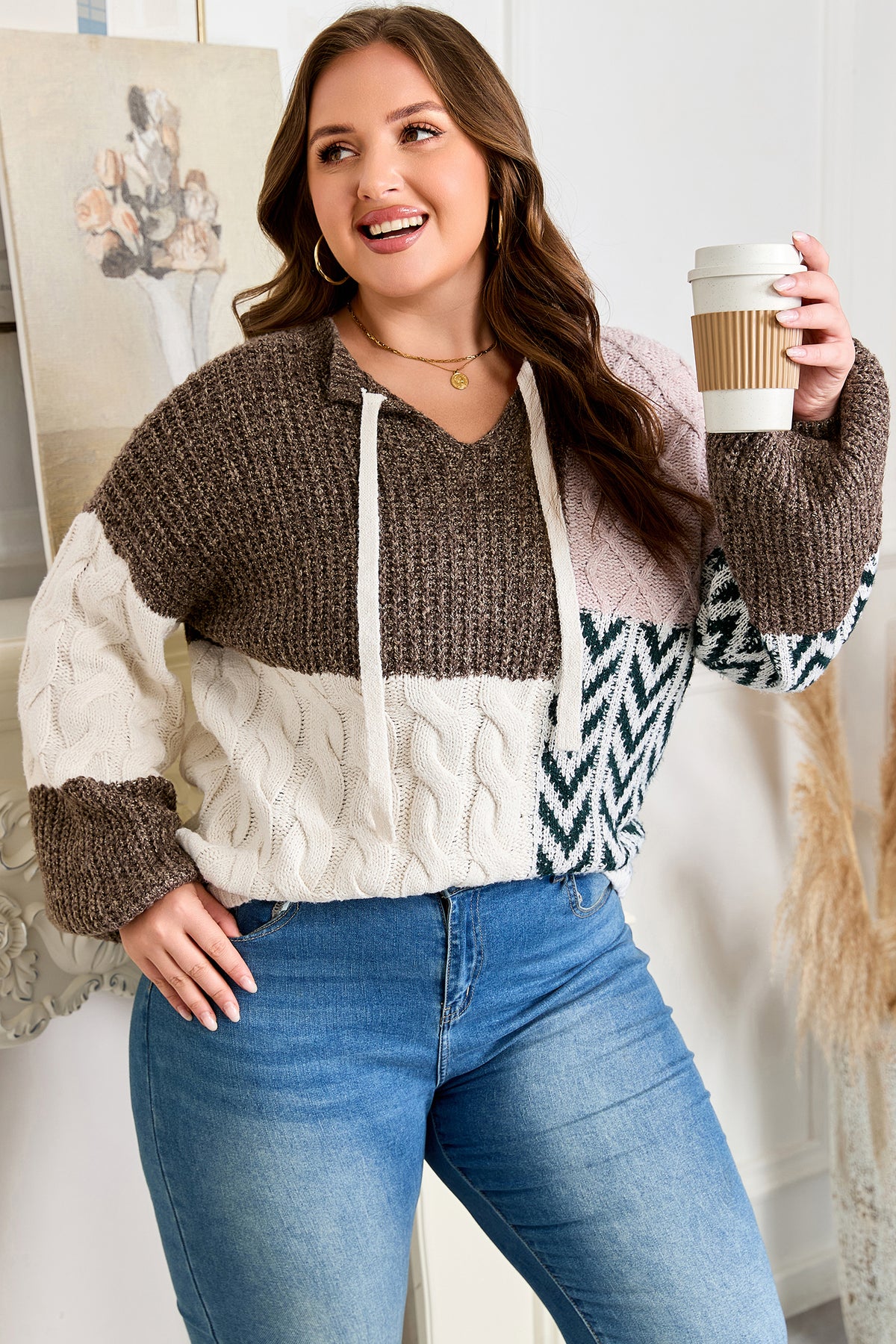 Brown Plus Size Color-Block Patchwork Knotted Back Loose Fit Sweater