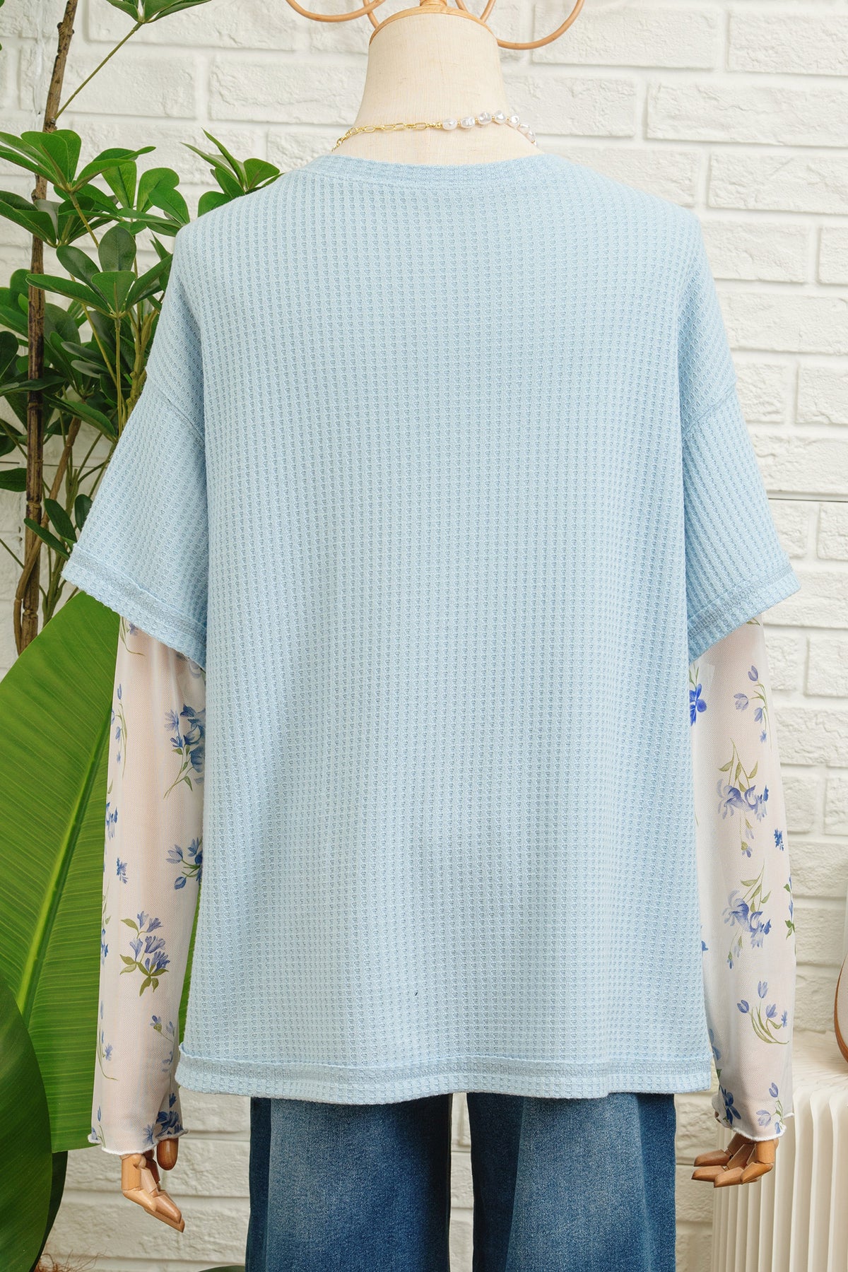 Beau Blue Floral Lace Sleeve Patchwork Waffle Faux Layered Top