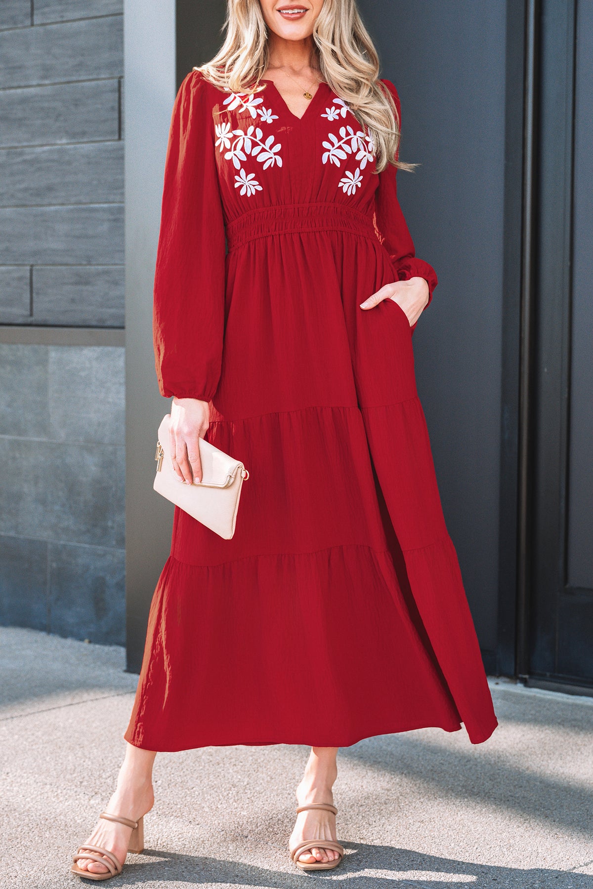 Racing Red Embroidered Cinched Waist Tiered Long Sleeve Maxi Dress