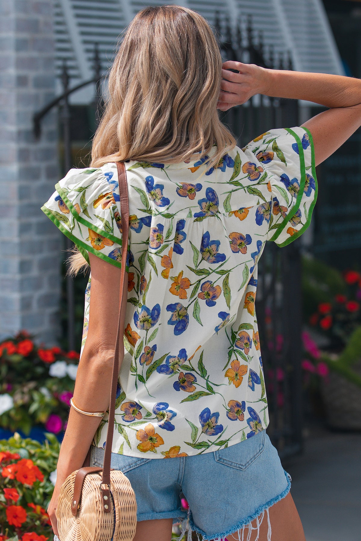 Green Floral Print Ruffle V-Neck Pressed Pleats Cotton Blouse