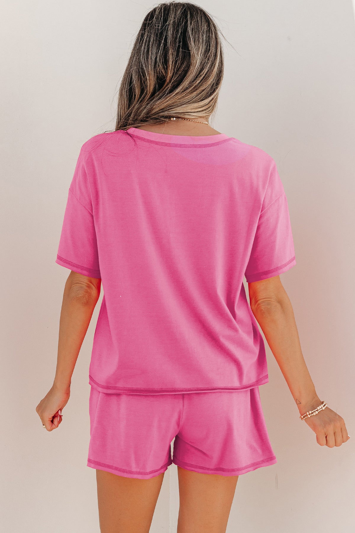 Women's Bright Pink Seam Detail Raw Edge Tee Rainbow Waistband Casual Shorts Set