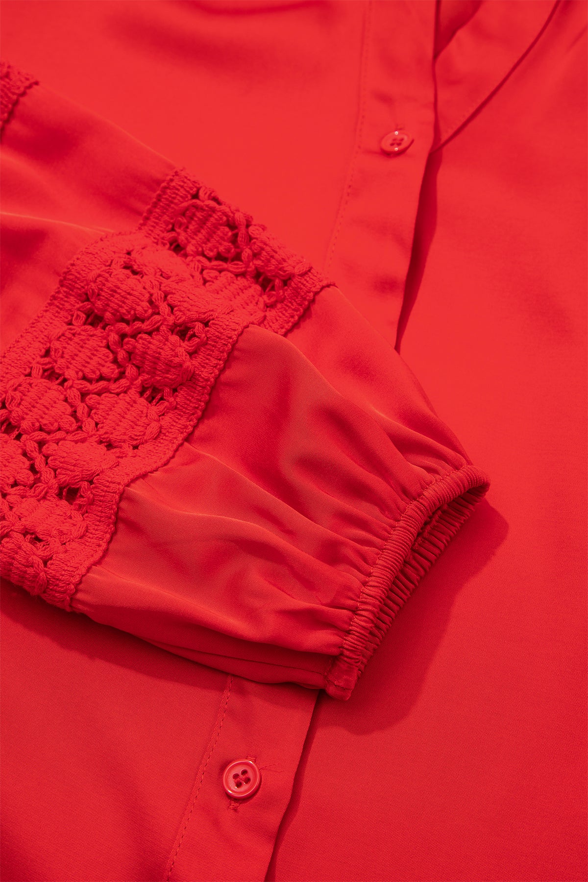 Fiery Red Patchwork Lace V Neck Button Front Shirt