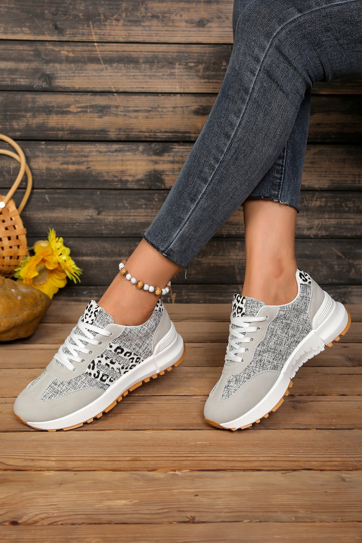 White Mix Texture Patchwork Leopard Lace-Up Sneakers