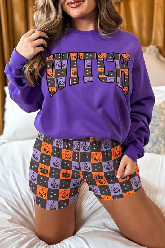 Orange Witch Letter Print Long Sleeve Top Checkered Shorts Set