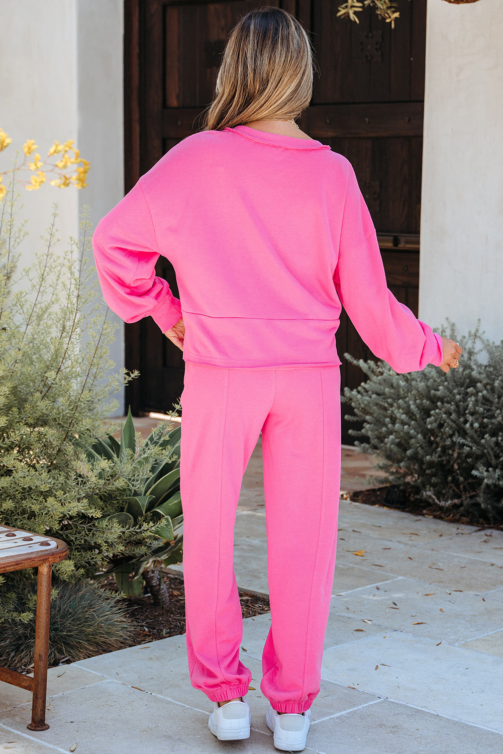 Women's Bright Pink Raw Edge Half Buttons Pullover and Jogger Pants Set