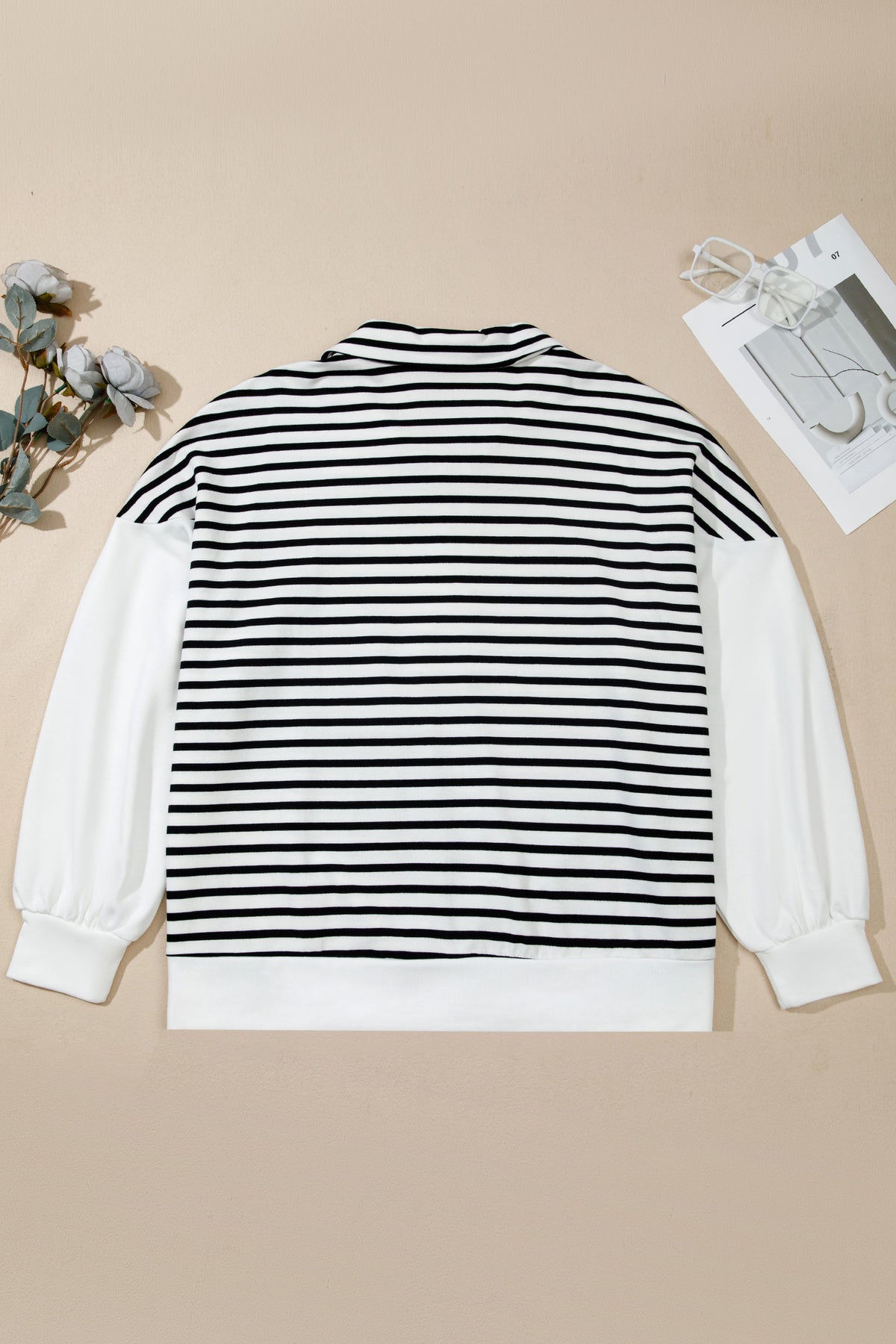 White Stripe Striped Color-Block V-Neck Long-Sleeve Shift Plus Size Blouse