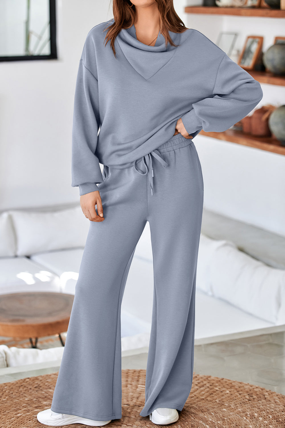 Women's Dusk Blue Cowl Neck Drawstring Pullover Wide-Leg Athleisure Pants Set
