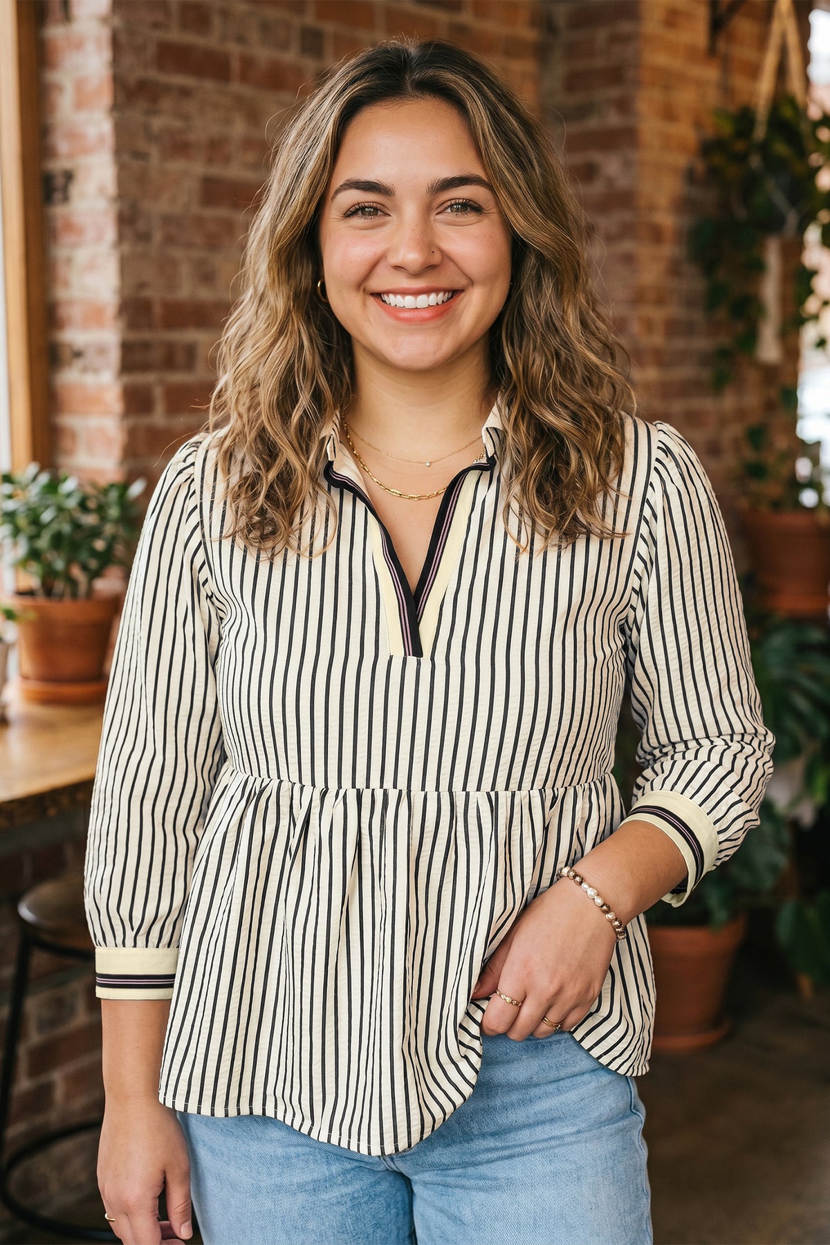 Black Stripe Patchwork Striped V-Neck Tunic Plus Size Blouse