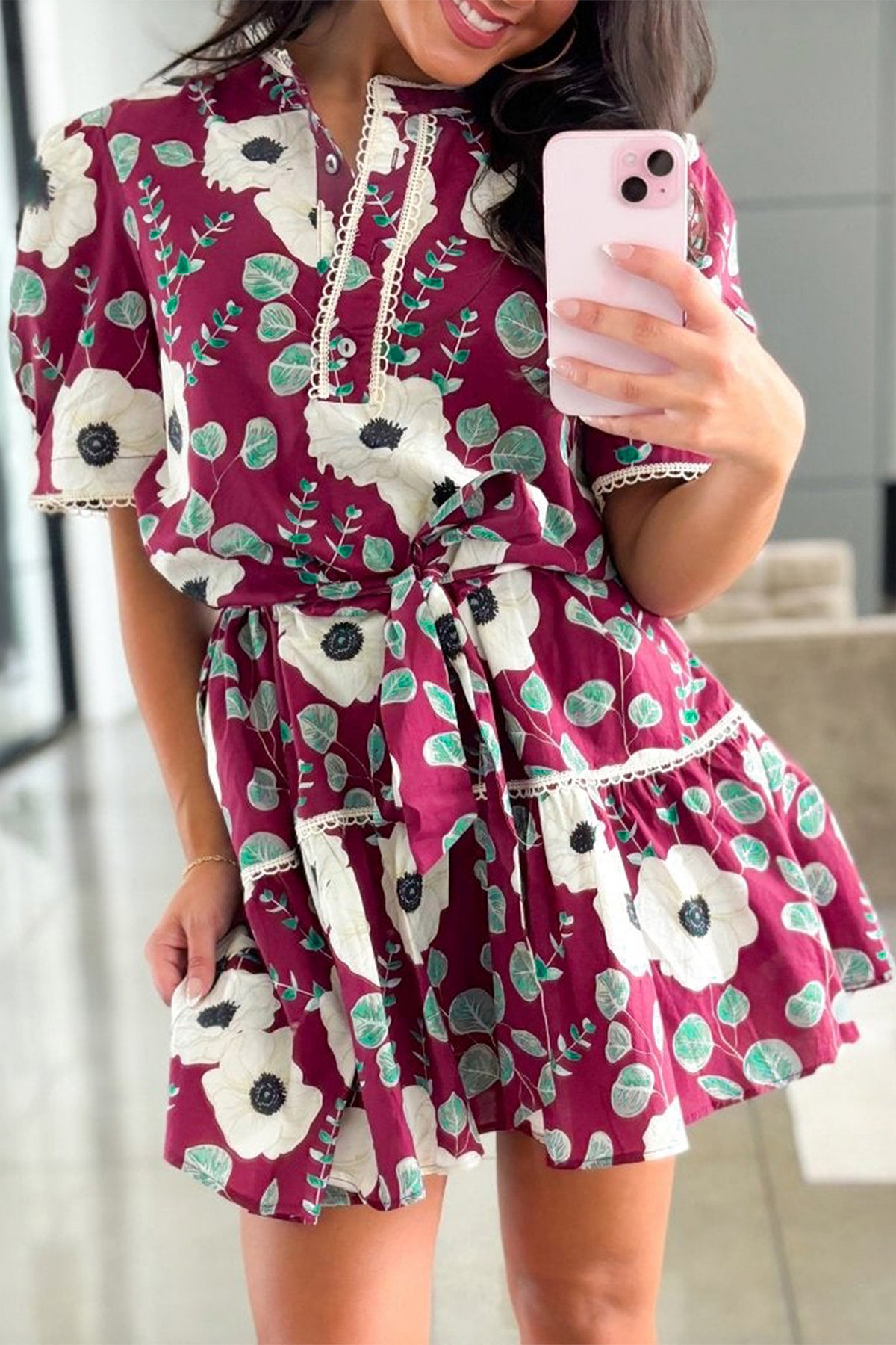 Red Floral Print Trimmed Short Puff Sleeve Mini Dress with Belt
